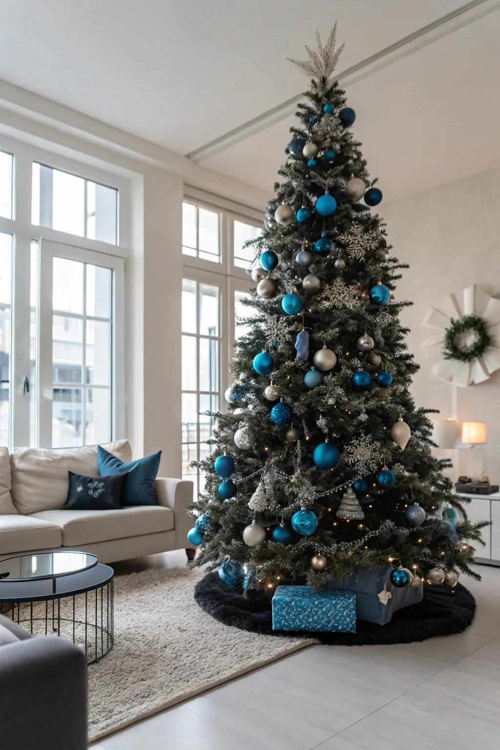 A modern chic blue and black Christmas tree.
