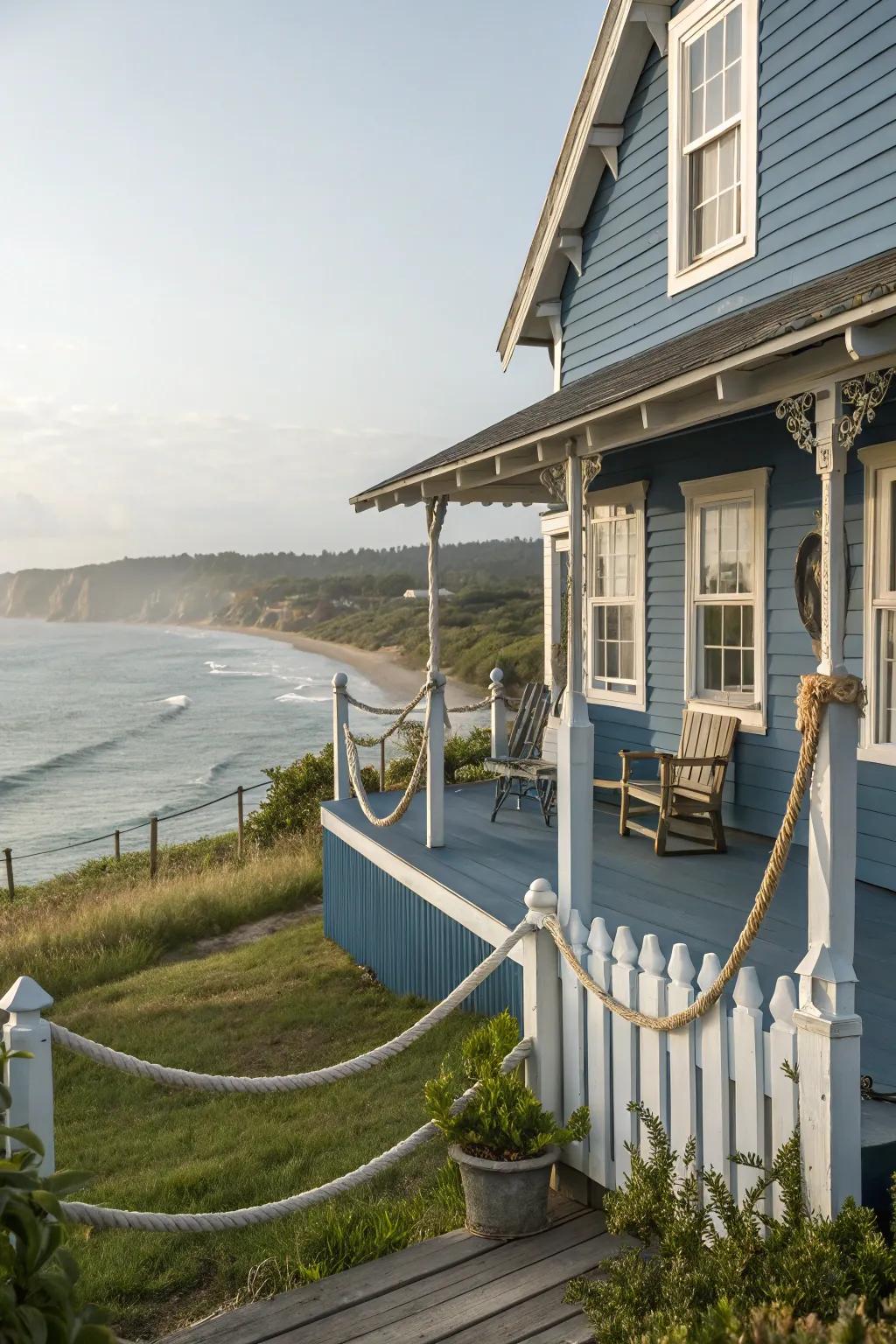 Rope accents bring a seaside vibe to blue homes.
