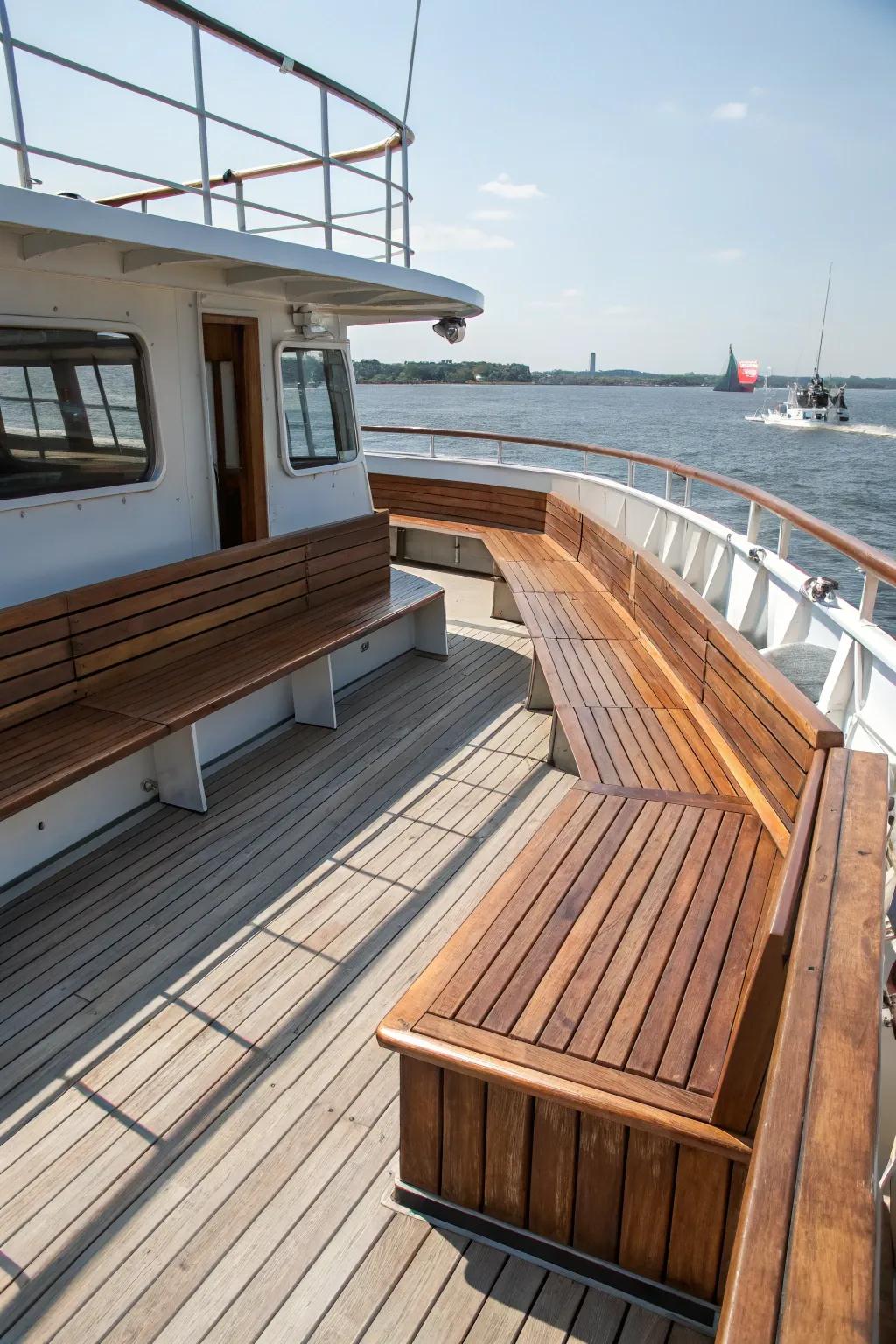 Wraparound benches featuring storage found on the deck of a boat.