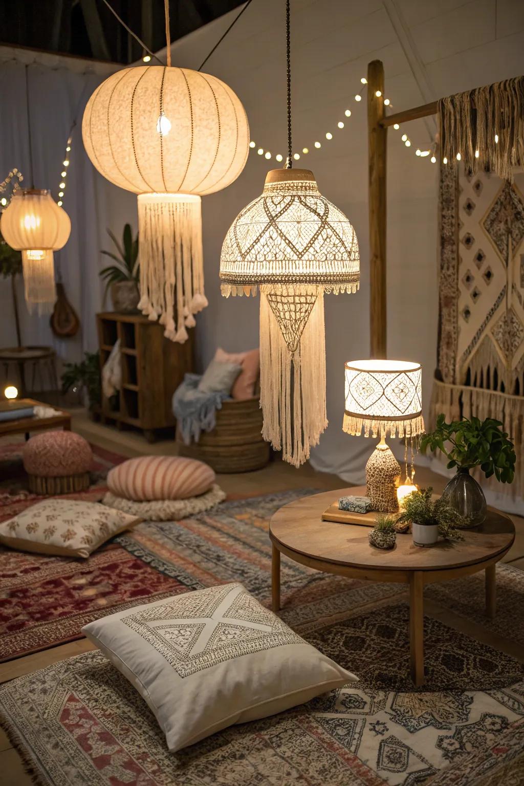 Staggered lighting conjures a cozy and welcoming boho glam atmosphere.