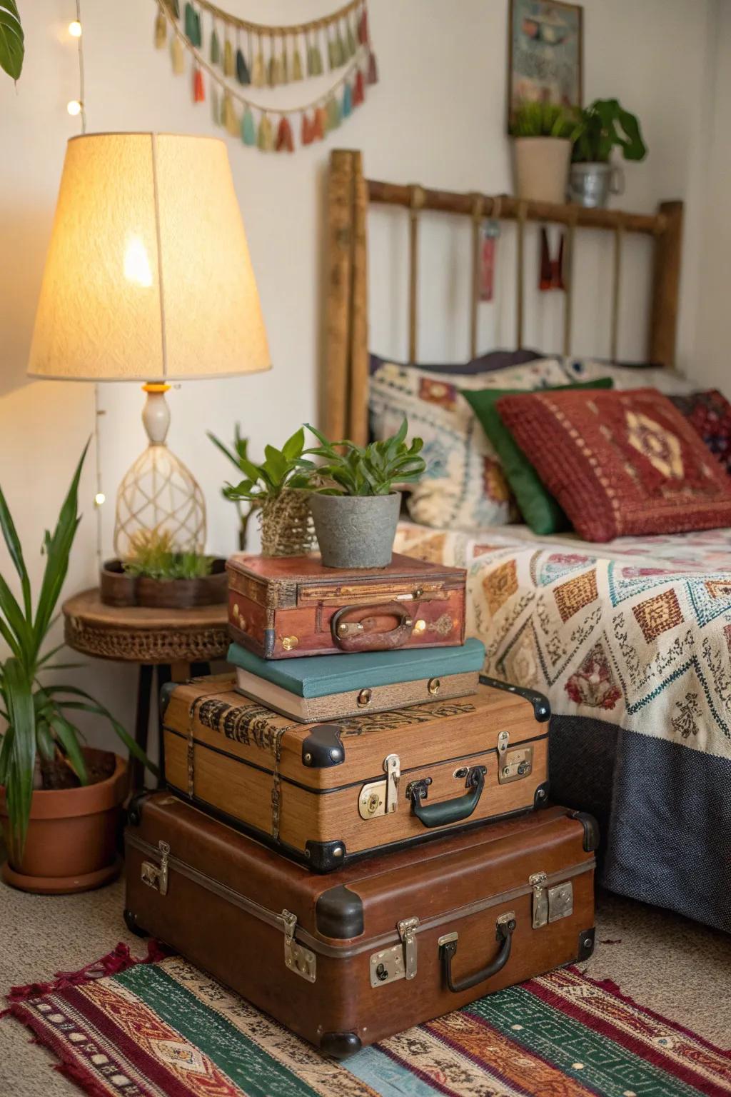 Vintage suitcases impart persona and useful storage.