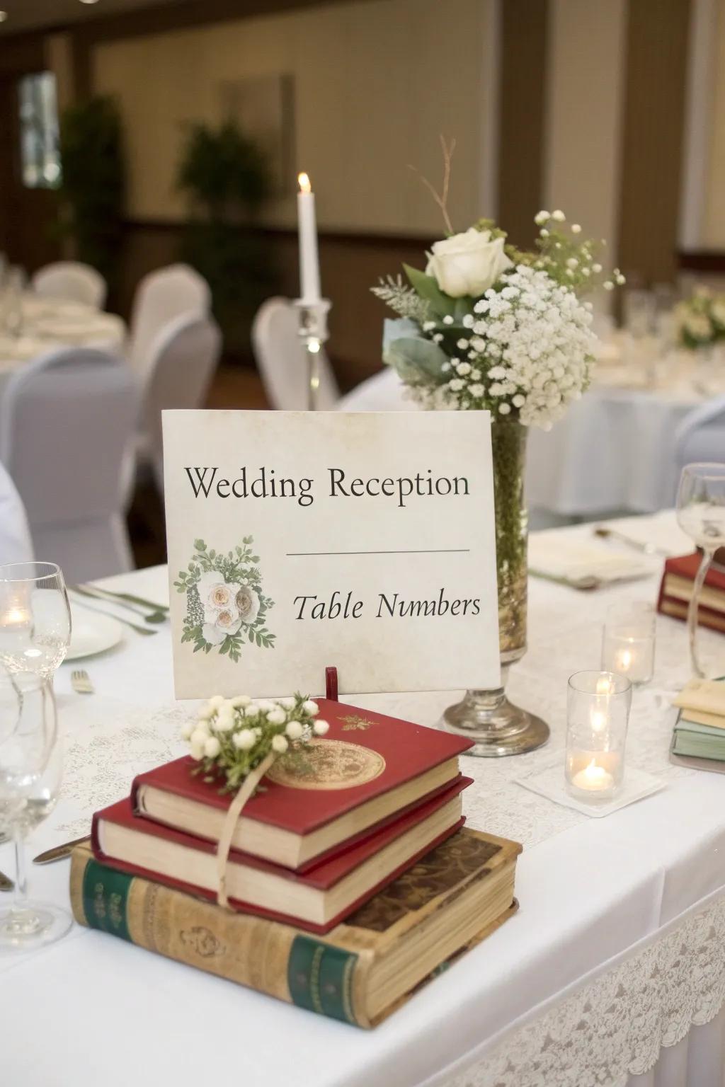 Literary table identifiers add a touch of sophistication to events.