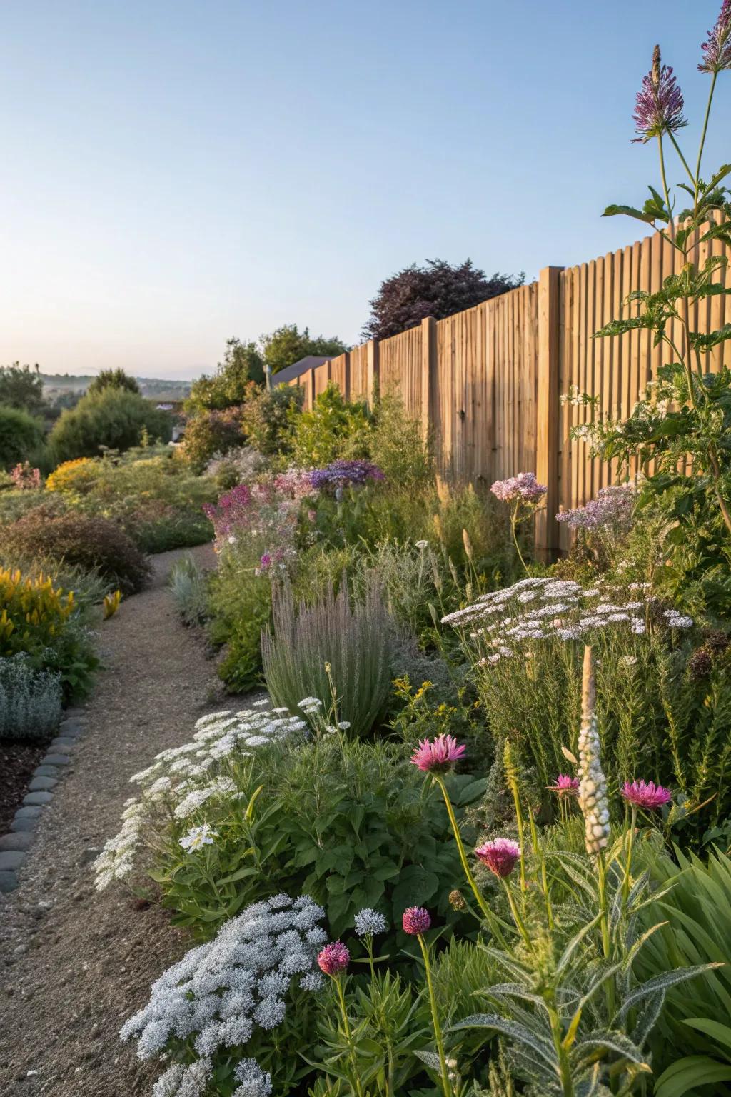Low-maintenance garden border with native plants.