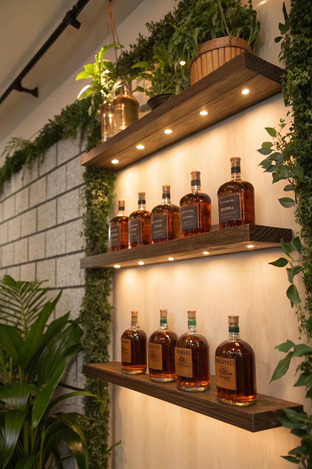 Floating shelves with greenery create a fresh bourbon display.
