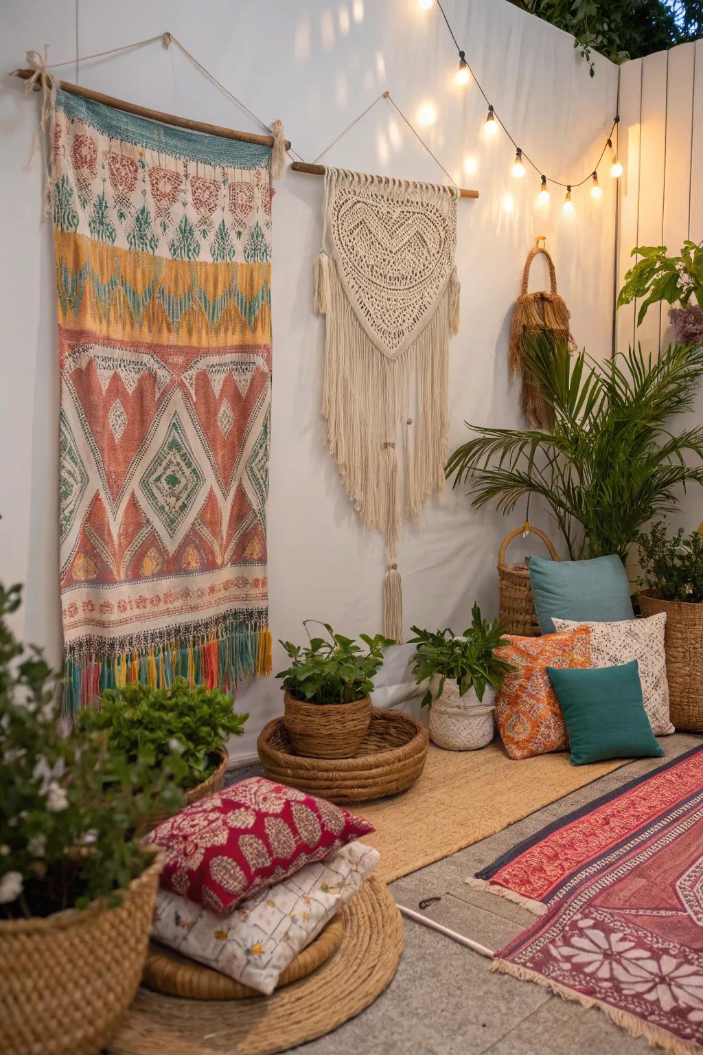 Artistic boho environment with knotted hangings and fabrics