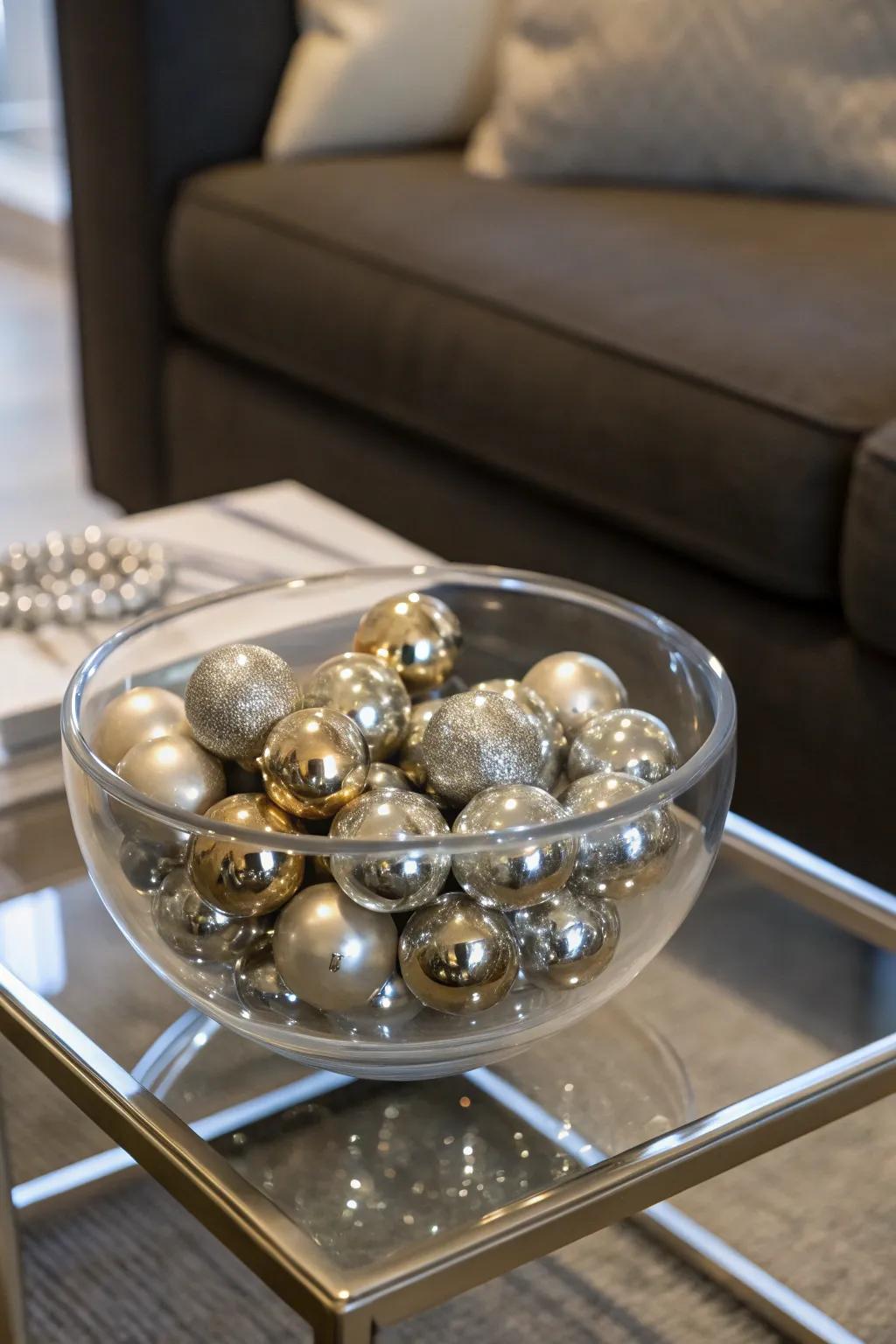 A modern glass bowl filled with metallic spheres