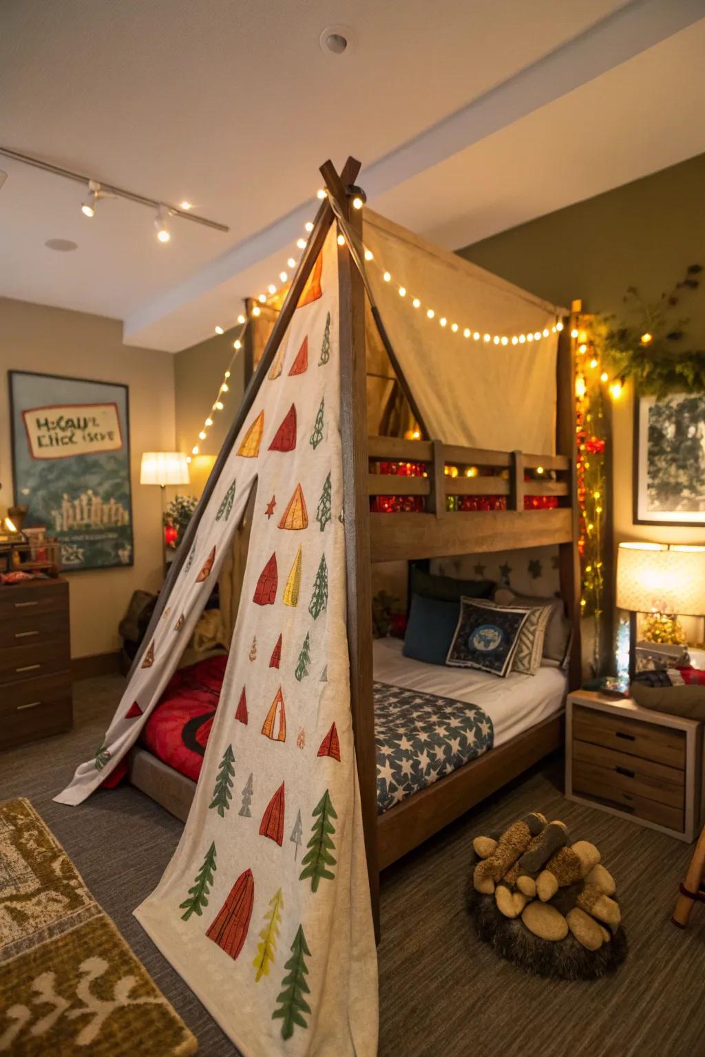 Encounter the joys of bivouacking through this bonfire-themed cot.