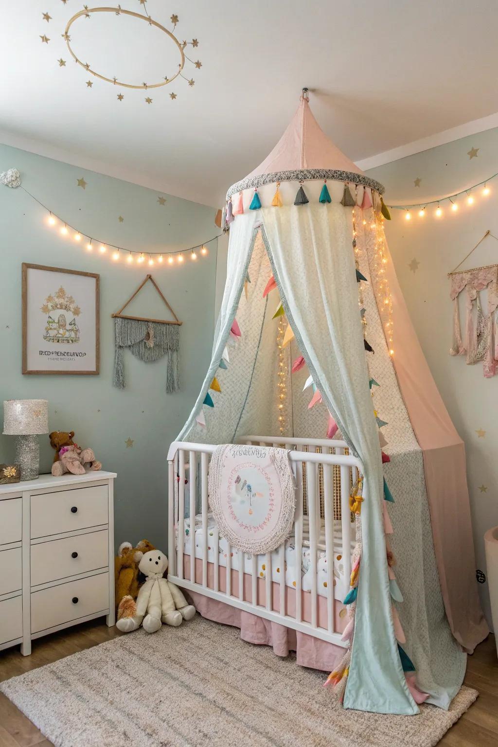 A canopy incorporates a dash of caprice and coziness to the crib.