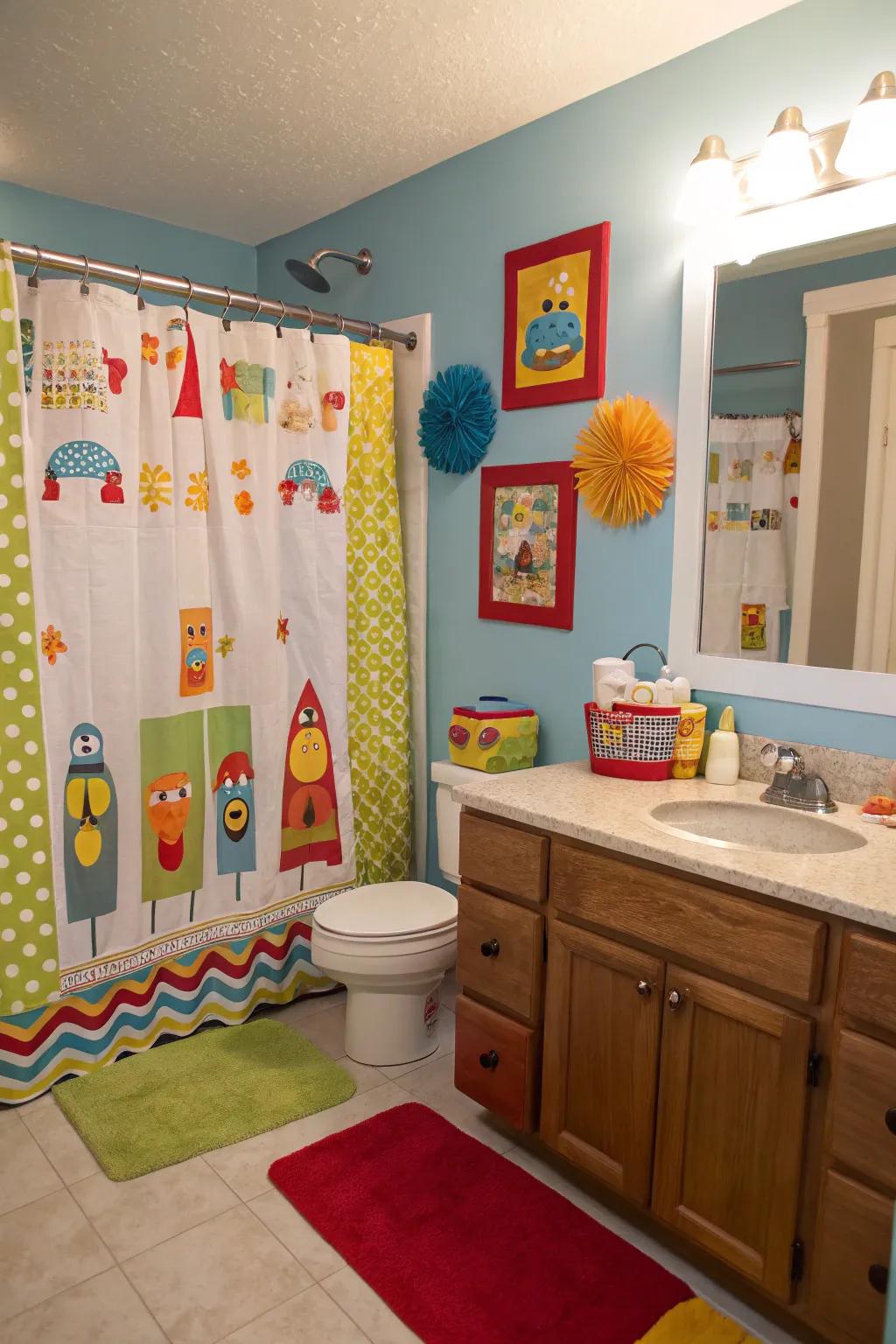Eccentric shower drapes inject amusement into a boys' bathroom.
