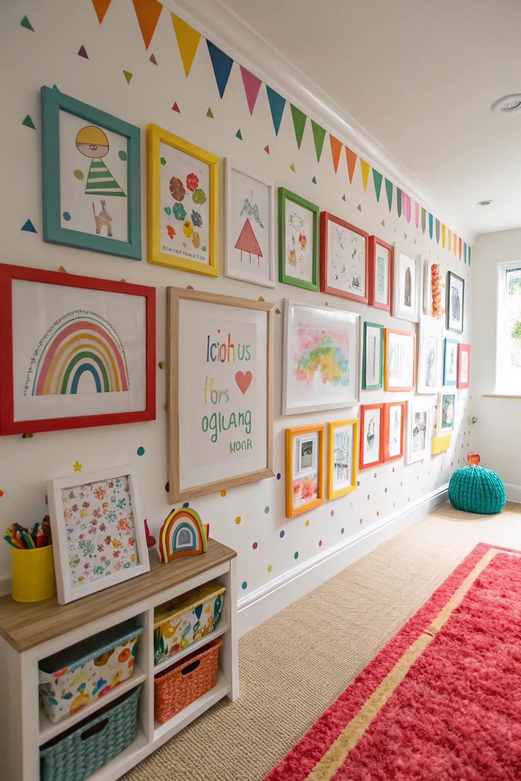 A gallery wall showcasing children's artwork to inspire pride and creativity.