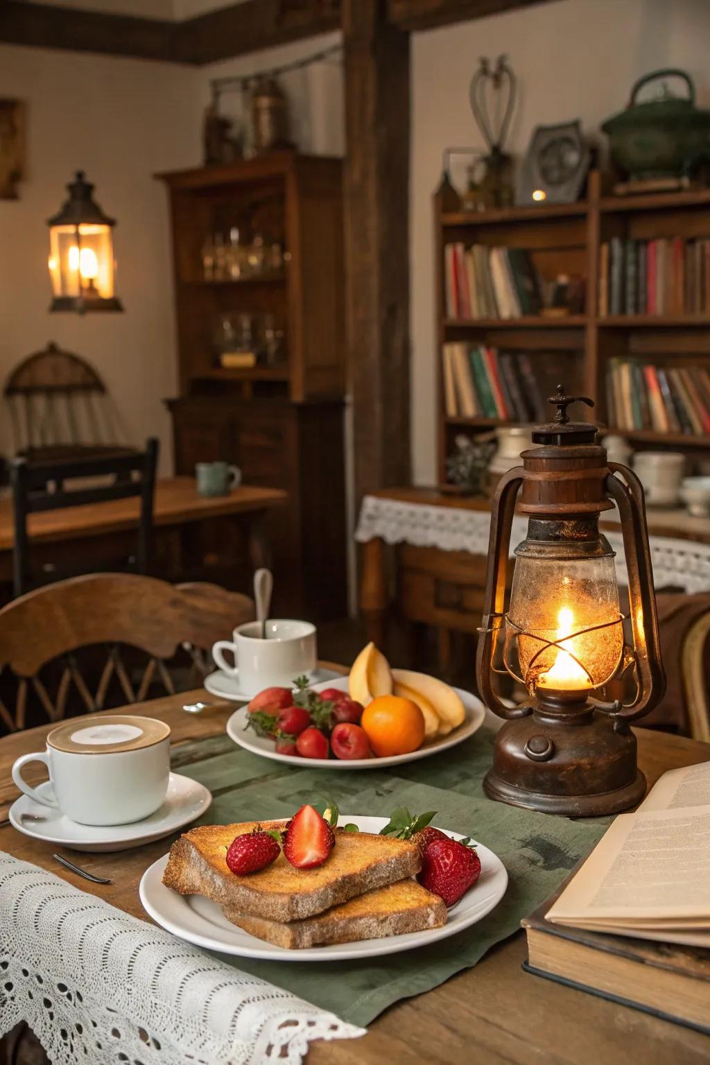 Country-style lights affixing a snug sensation to a breakfast nook.