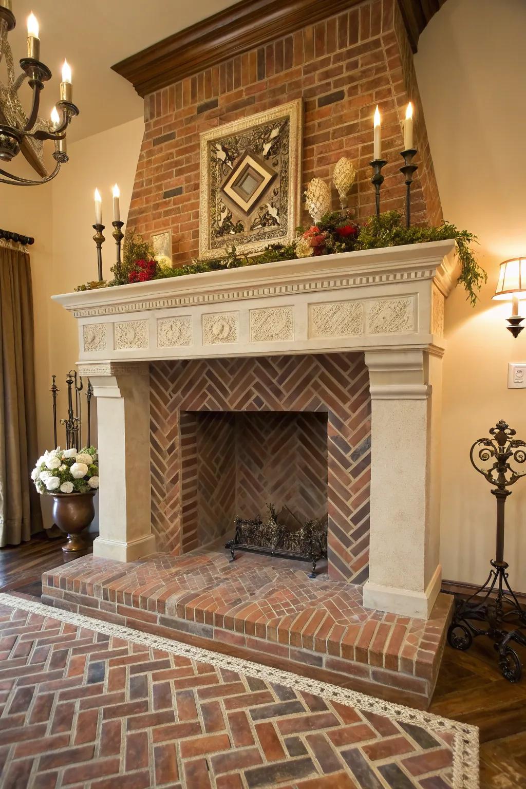 A sophisticated brick hearth showing off a herringbone pattern.