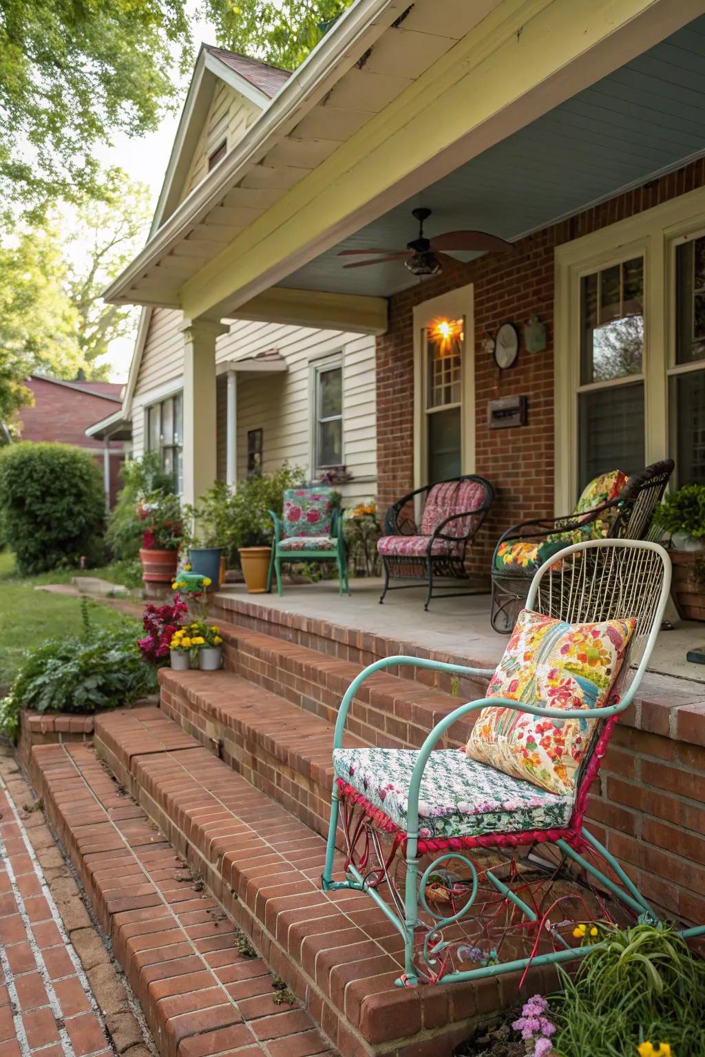 Varied furniture injects a quirky charm into this brick porch.