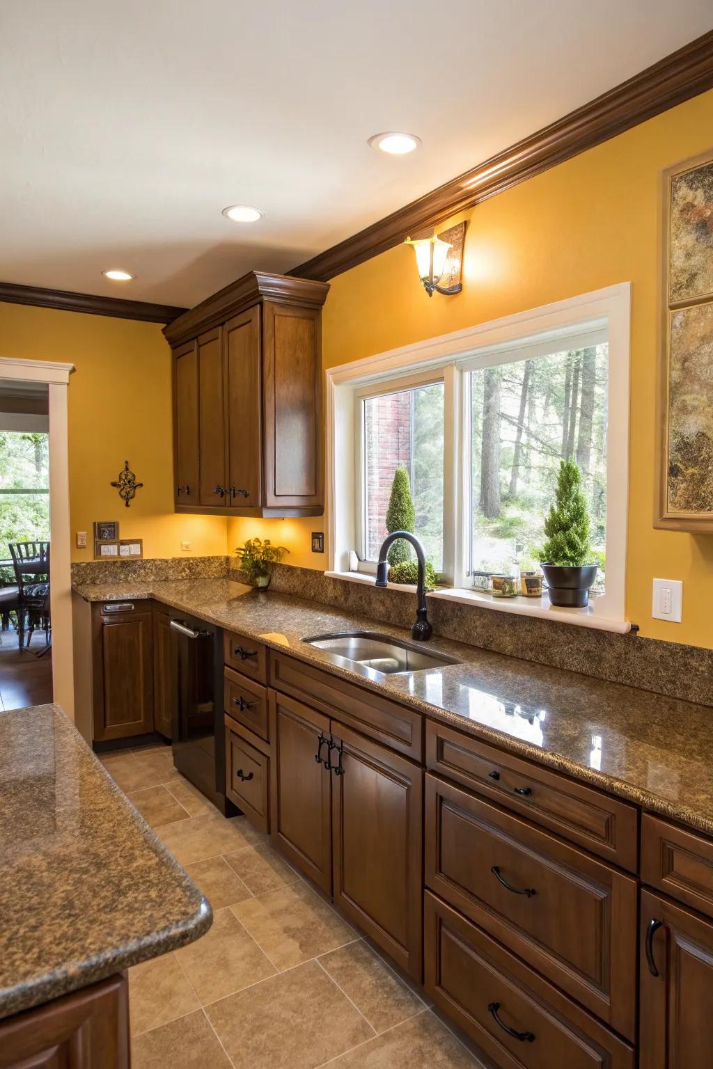 Brilliant gold walls enhance the warm tones of brunette stone.
