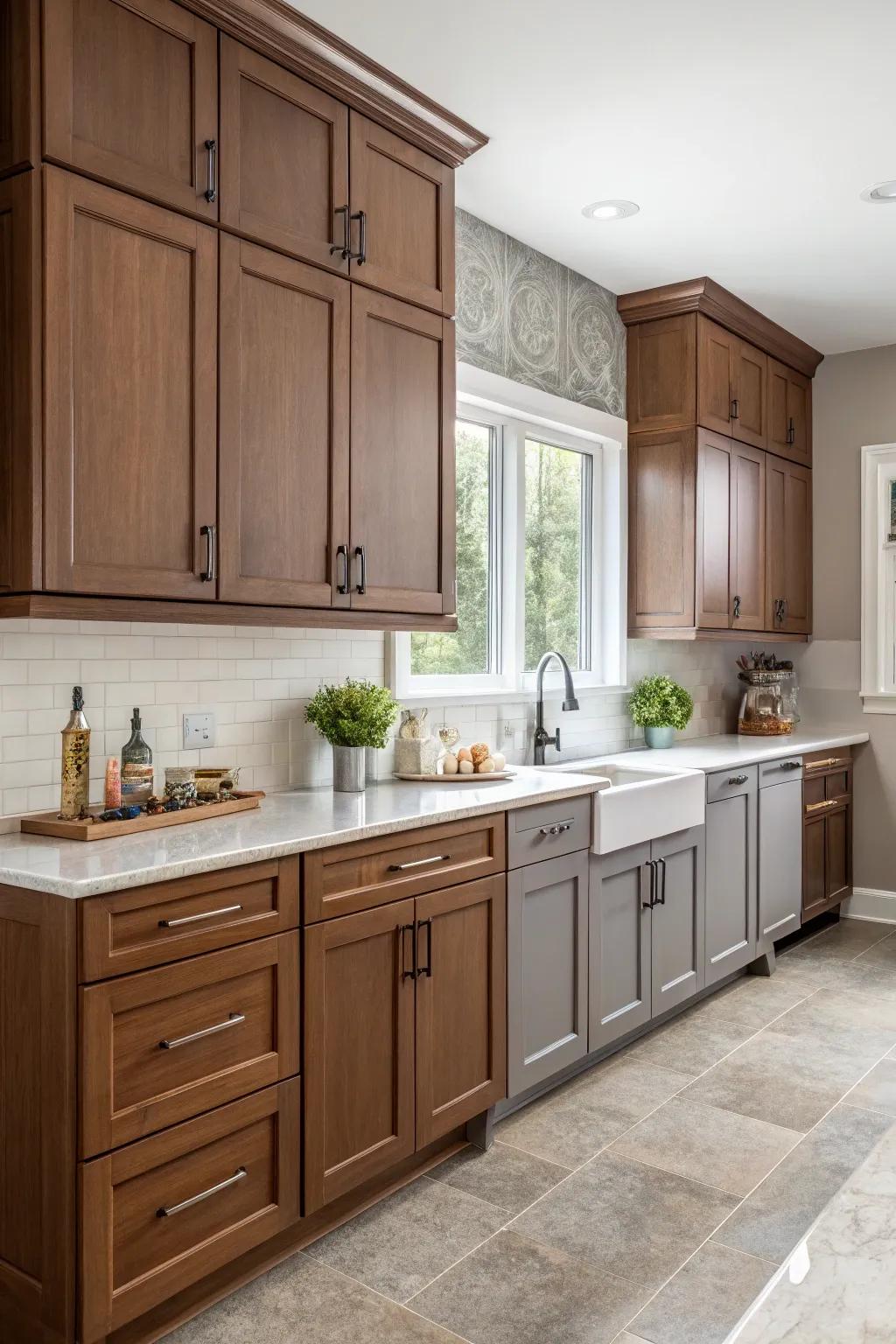 Timber and gray mixes deliver modern sophistication.