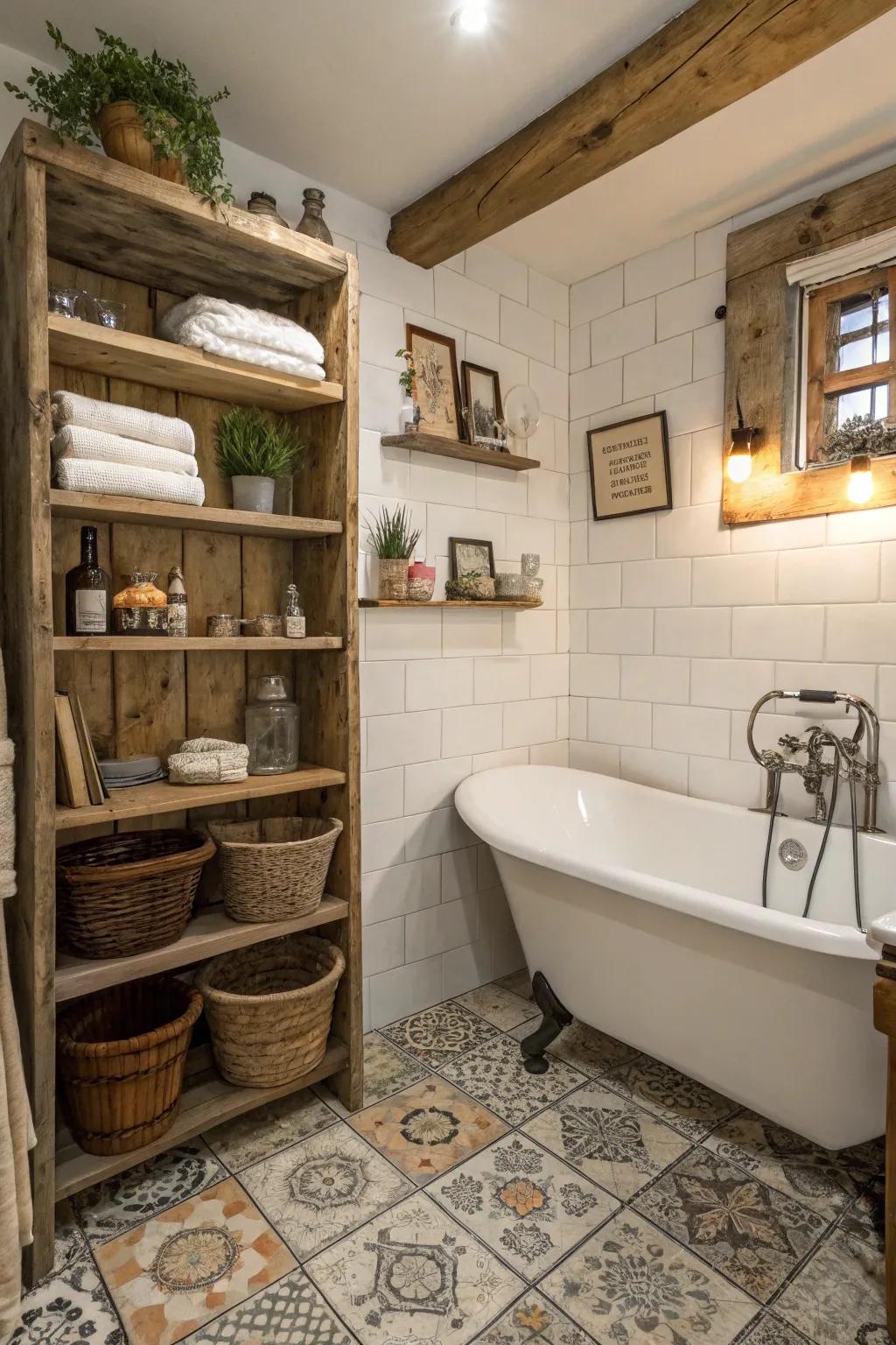 This compact bathroom gains character from repurposed materials.