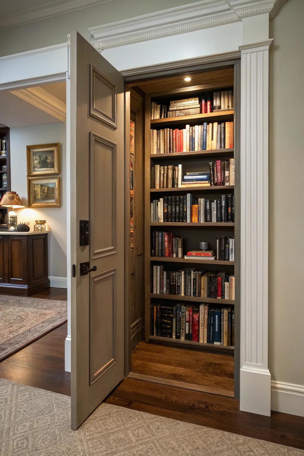 A secret door bookshelf provides an element of mystery and fun.