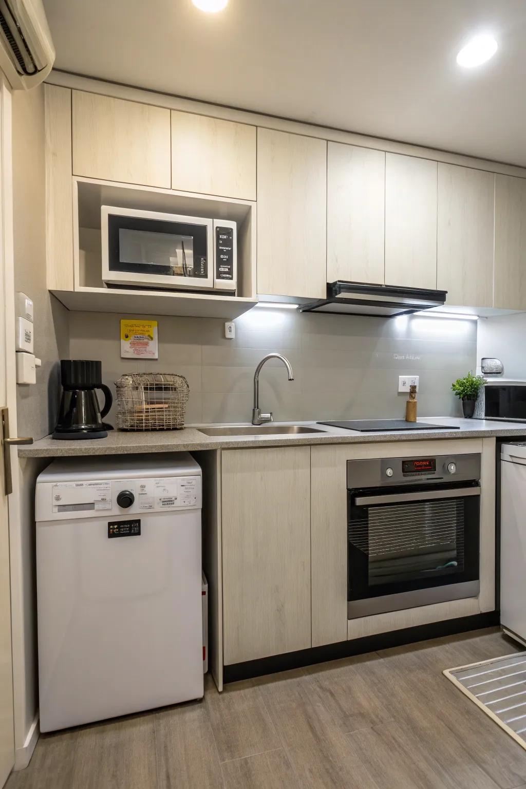 A space-efficient cooker positioning above the dishwasher.