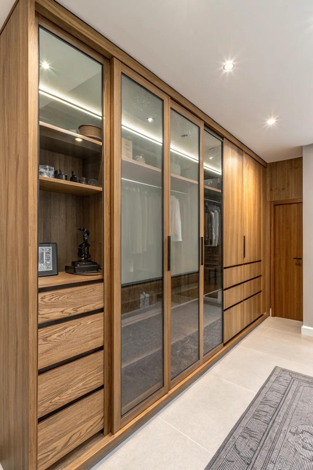 Mixing materials in wardrobes creates a visually dynamic design.