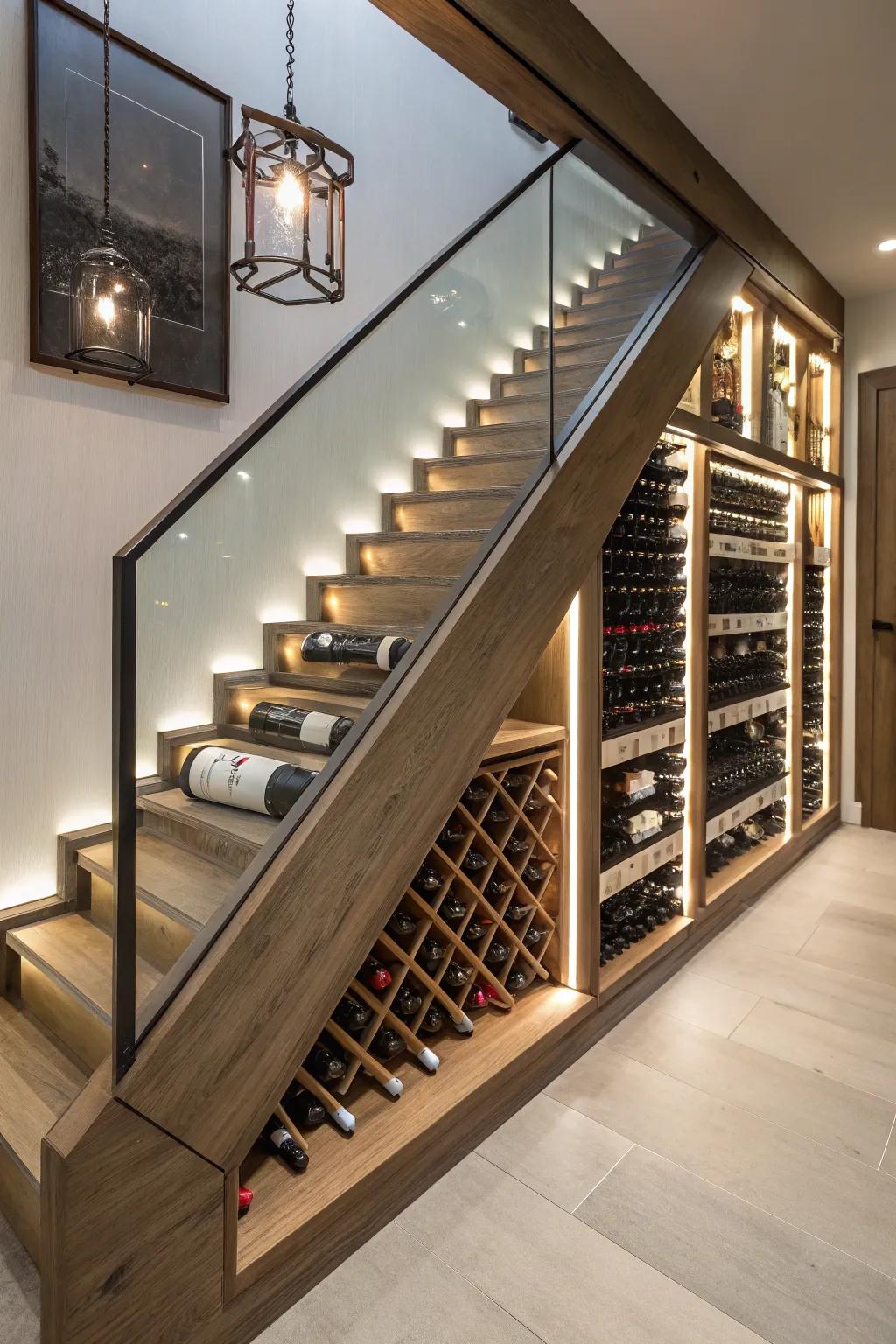 Display your collection in style with a wine rack crafted to fit a stair bulkhead.