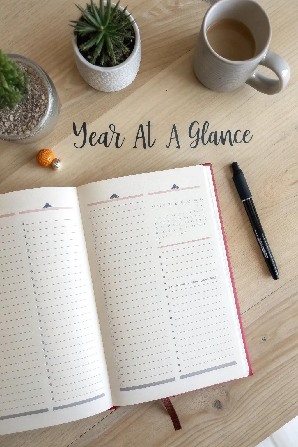 Organize your year with elegance and clarity. Discover the beauty of a 'year-at-a-glance' bullet journal spread.