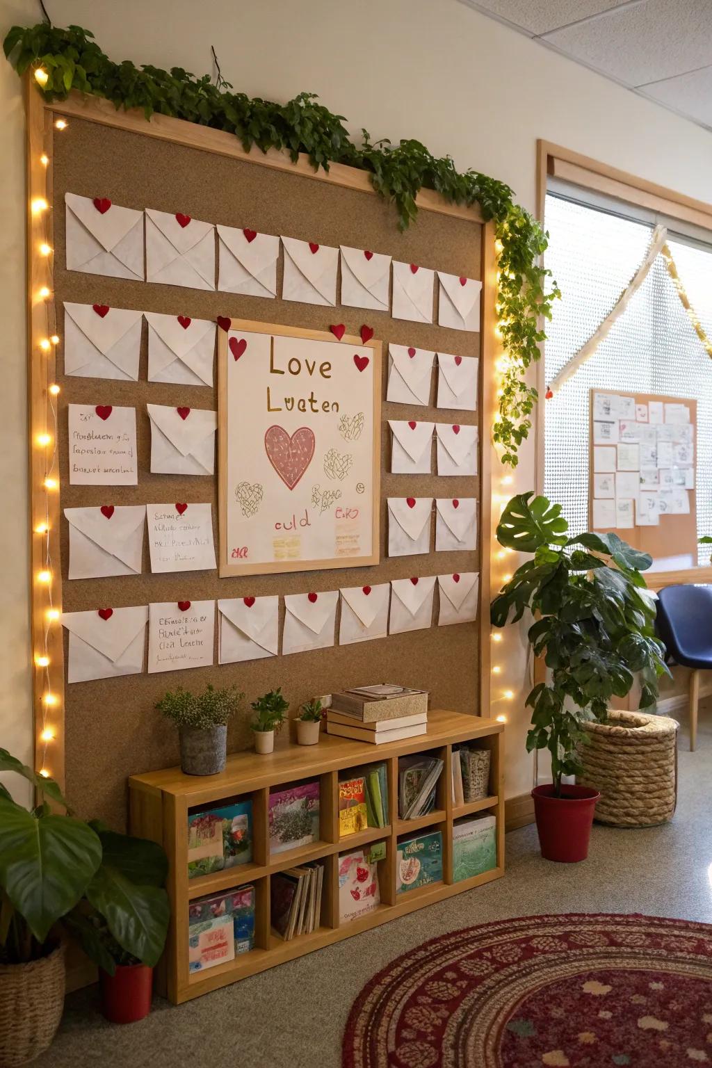 A message board exhibiting envelopes that accommodate confidential affection messages.