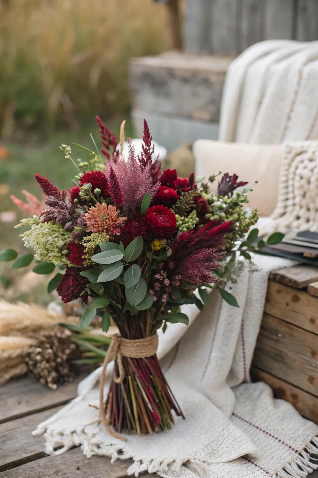 Bohemian burgundy bouquet featuring preserved flowers.