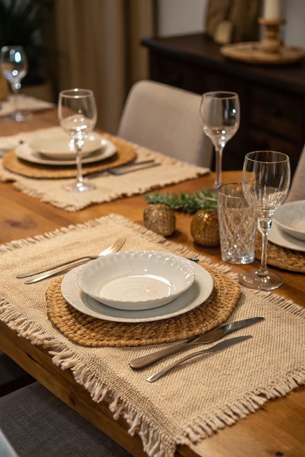 Create a countryside dining experience with hessian mats.