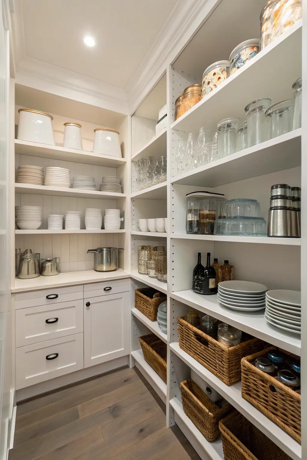 An organized service kitchen with top-to-bottom shelving that optimizes the storage.
