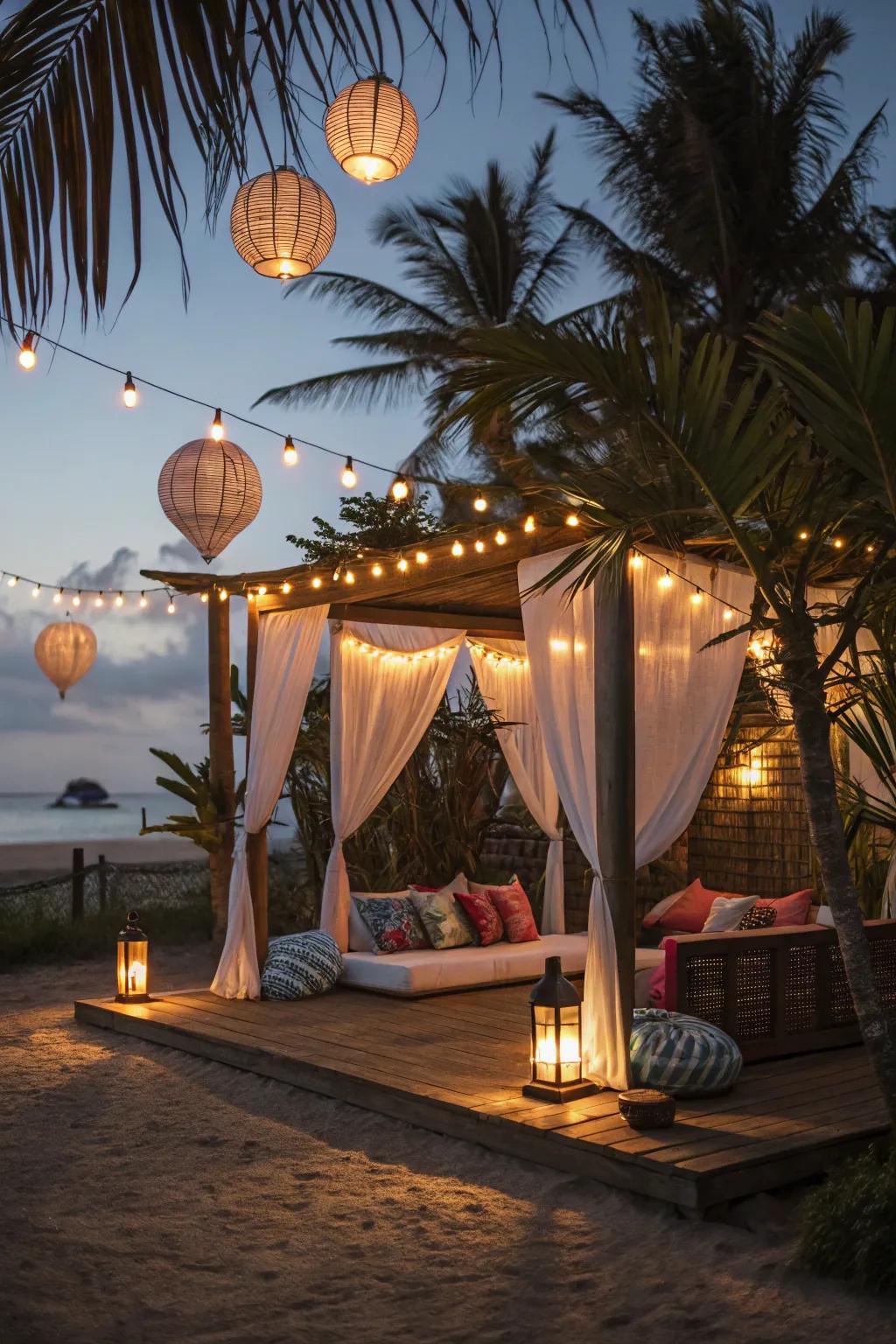 A mesmerizing cabana displaying stylish illumination for enhanced ambiance.
