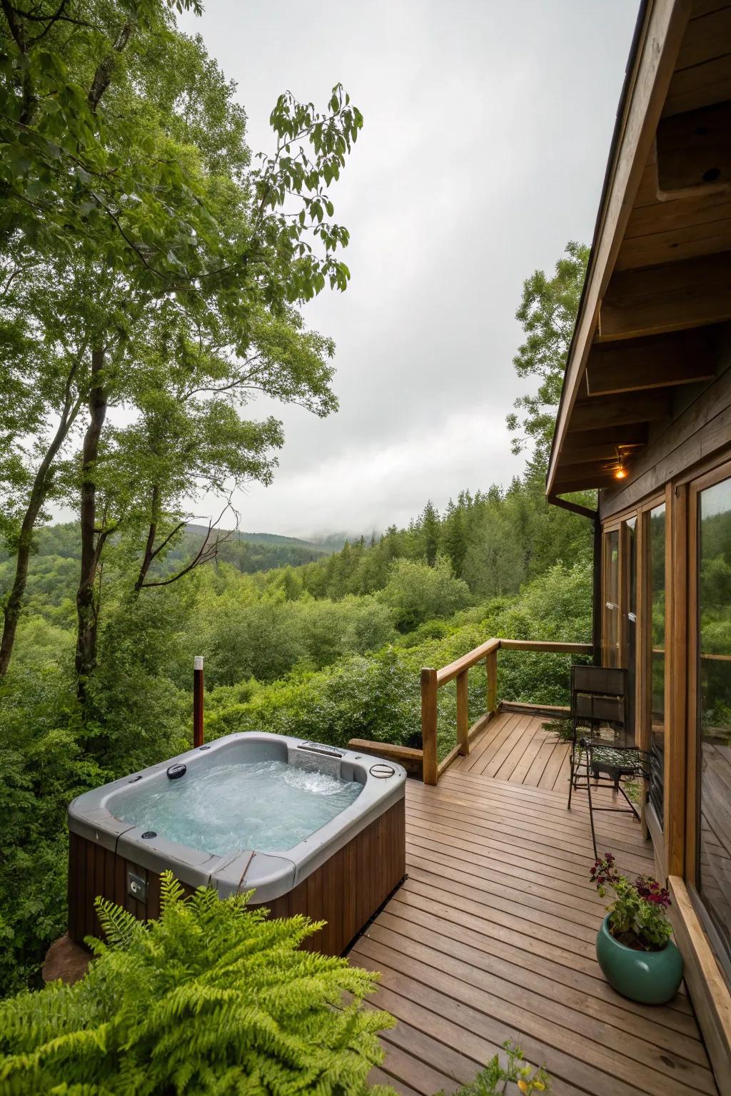 A warm tub upon the deck presenting a private retreat.