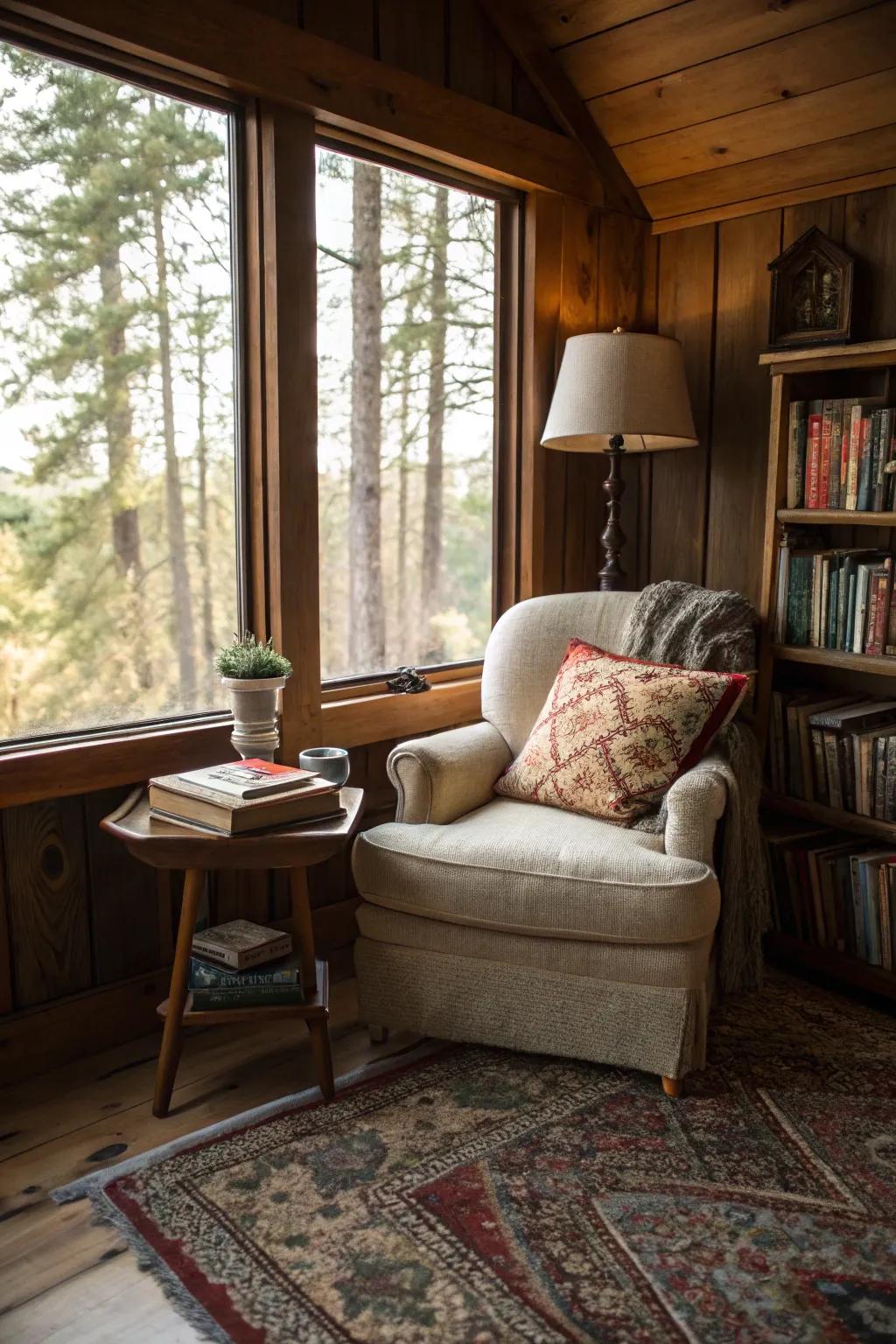 A reading nook offers a personal sanctuary.