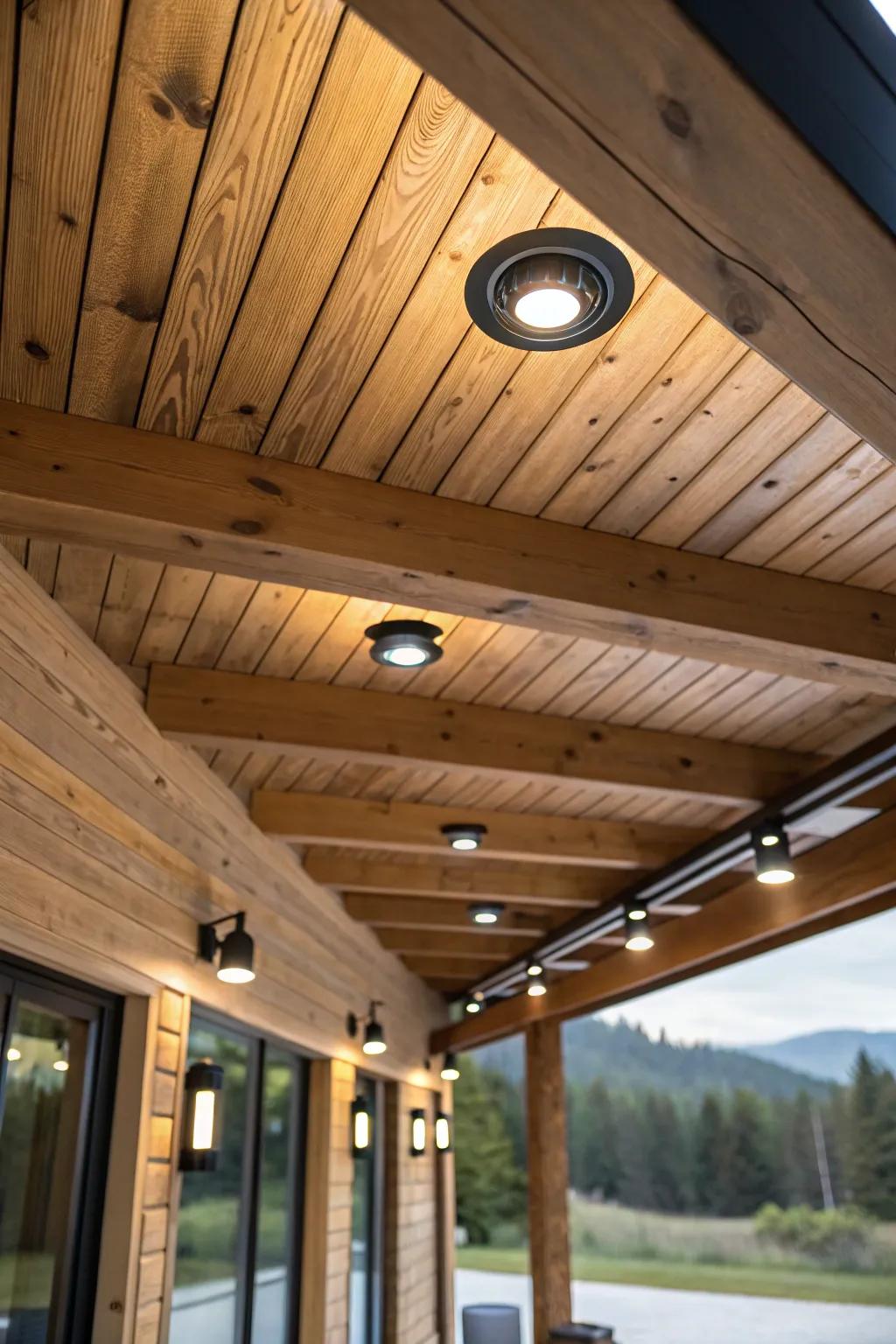 Recessed lighting creating a sleek look in a cabin ceiling.