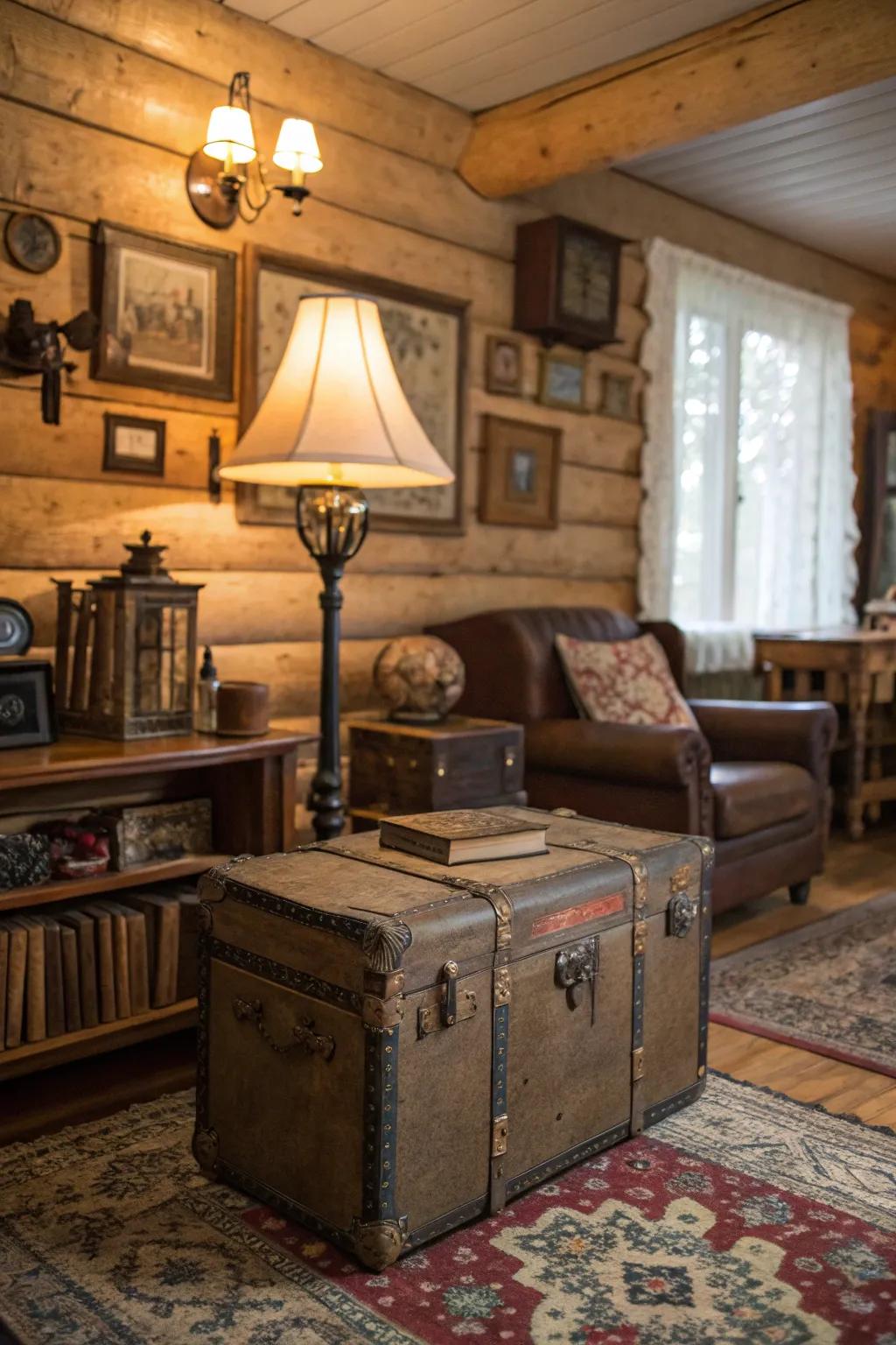 Vintage decorative pieces add charm and a nostalgic vibe to this cabin space.