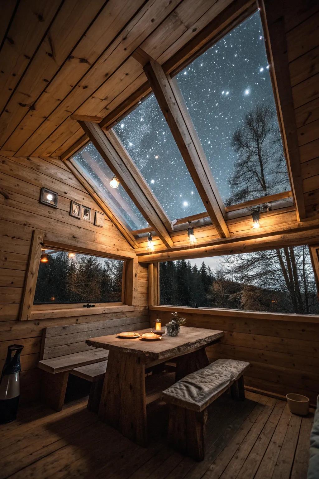 Celestial windows transform this cabin into a stargazer's paradise.