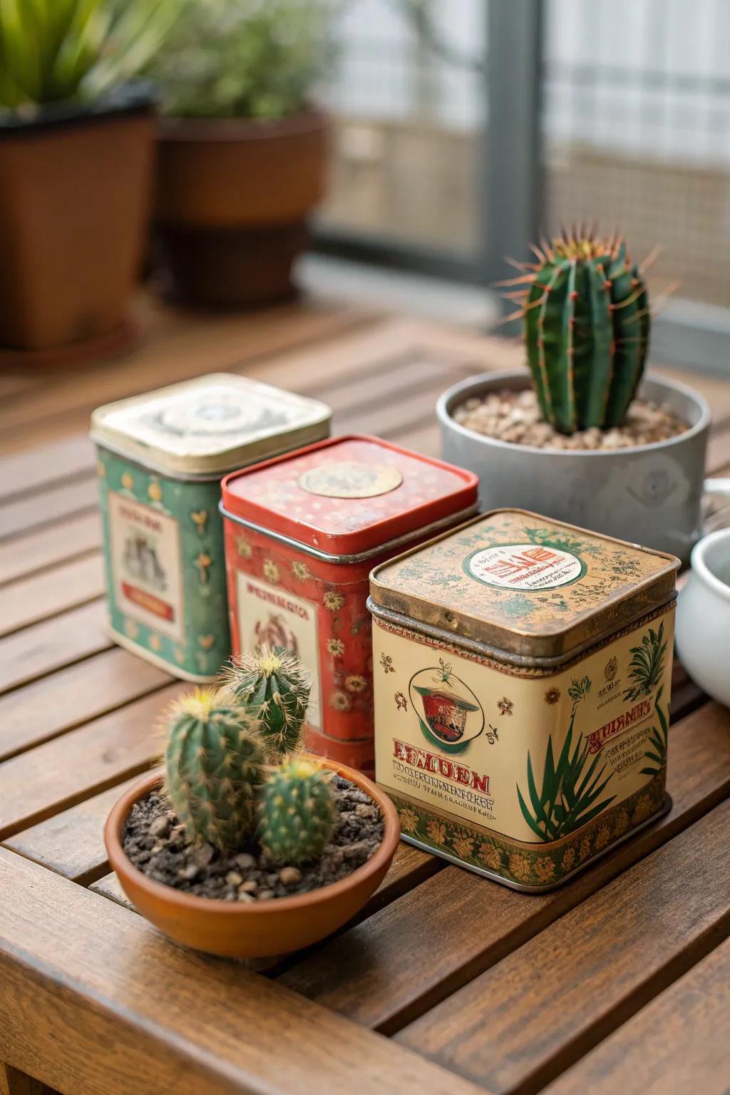 Retro tea caddies repurposed as quaint cactus receptacles.