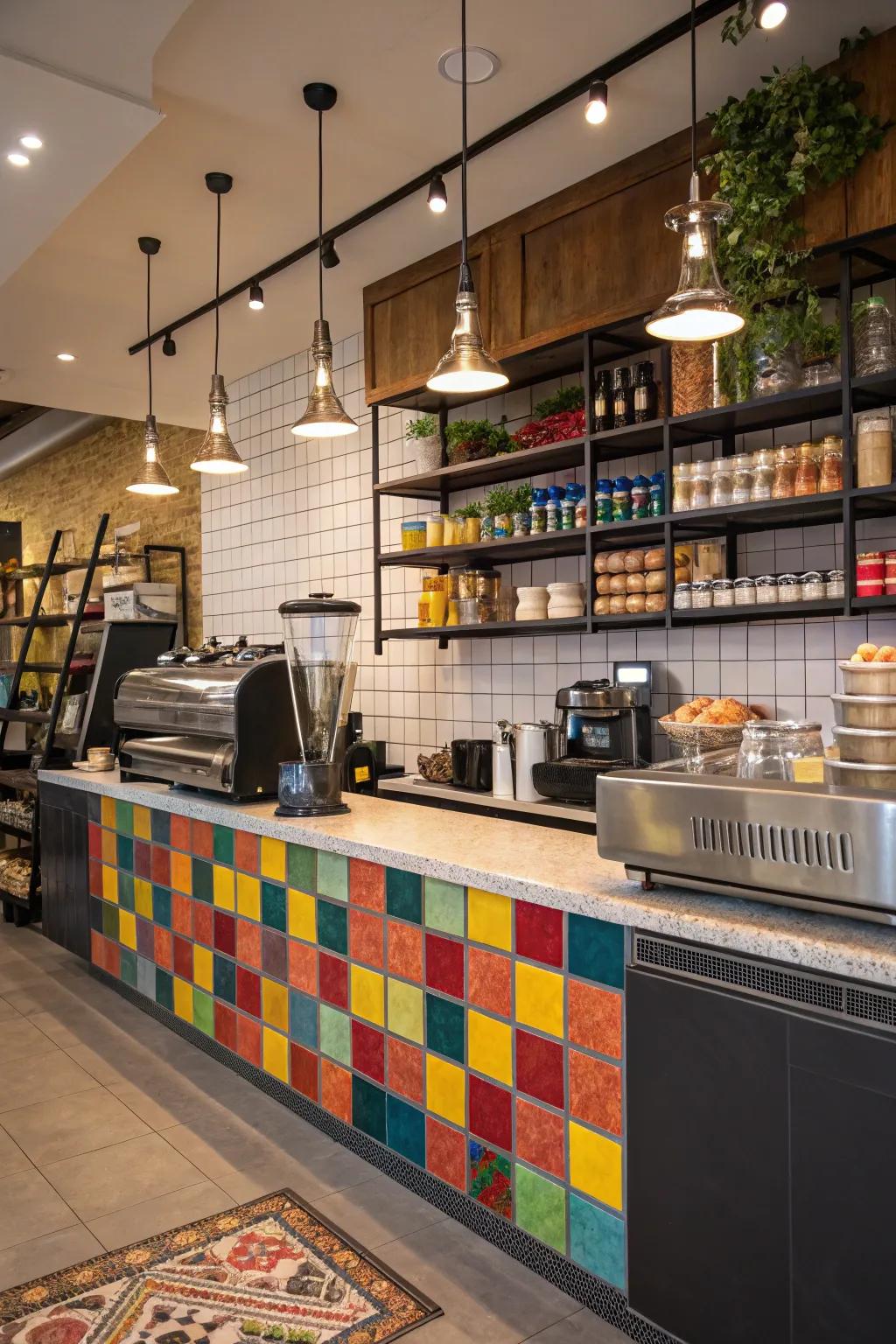 The bright backsplash offers a vibrant personality to this cooking area.