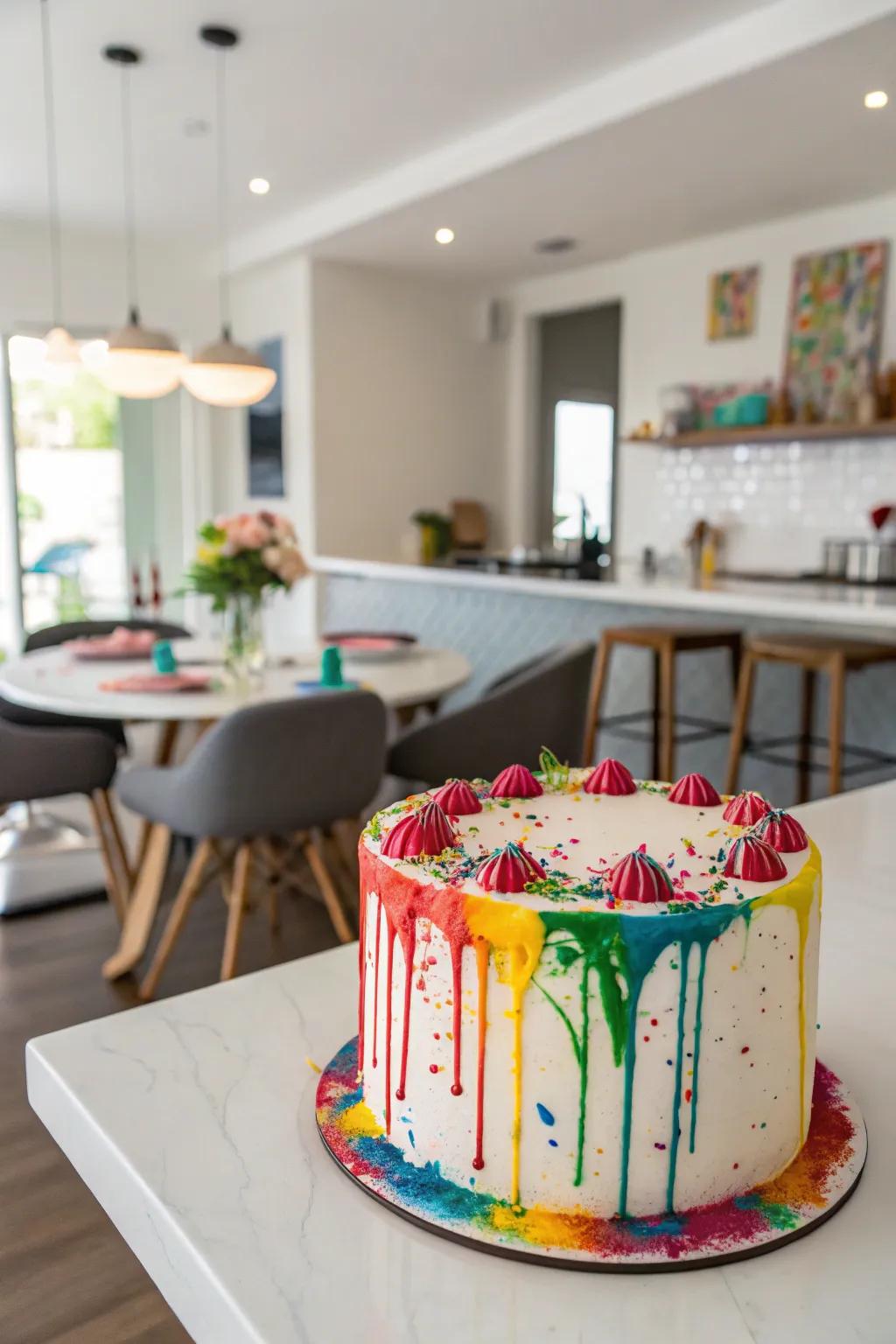 Modern and playful edible paint spatters embellishing a buttercream cake