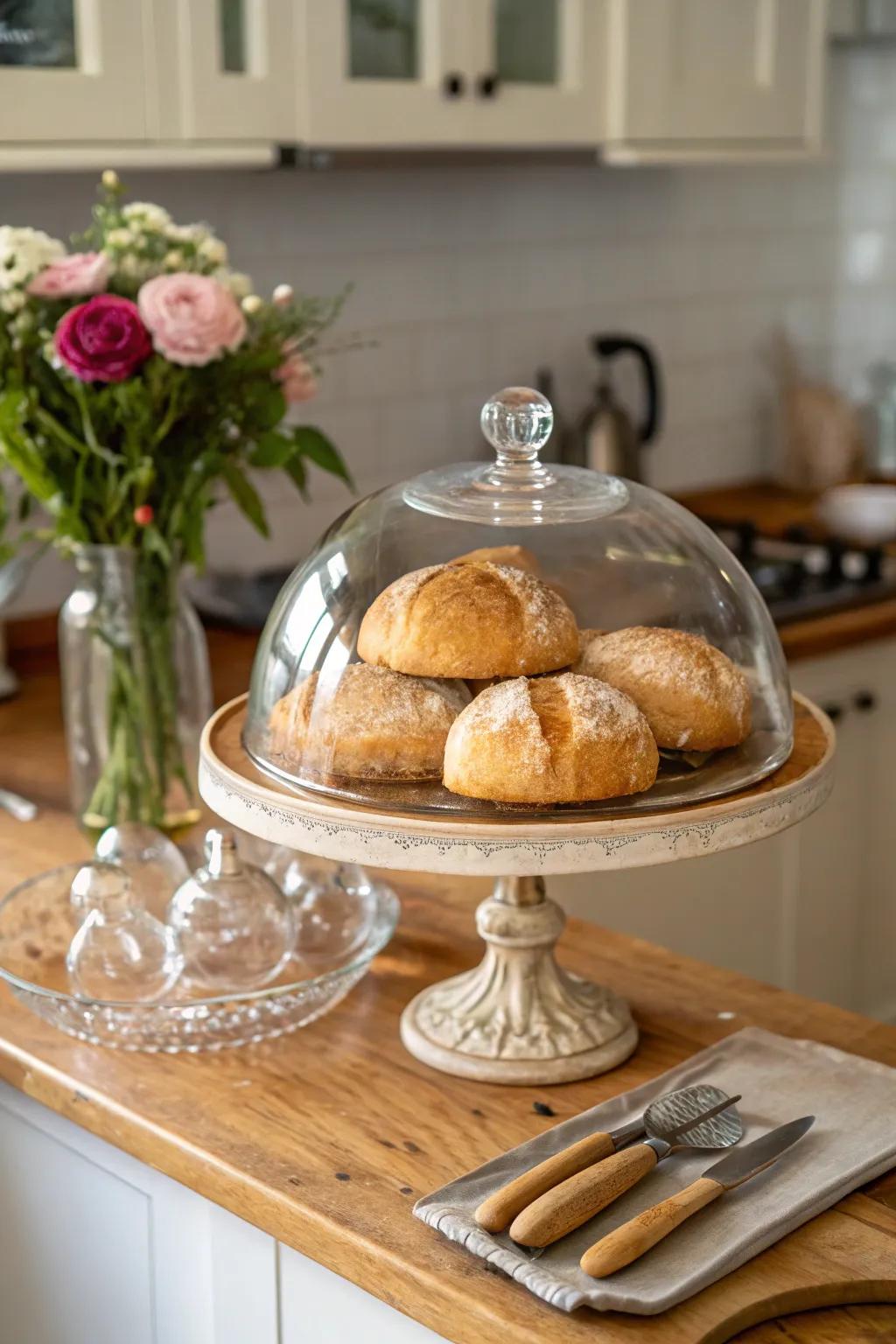 Turn regular kitchen objects into attractive centerpieces using a clear enclosure.