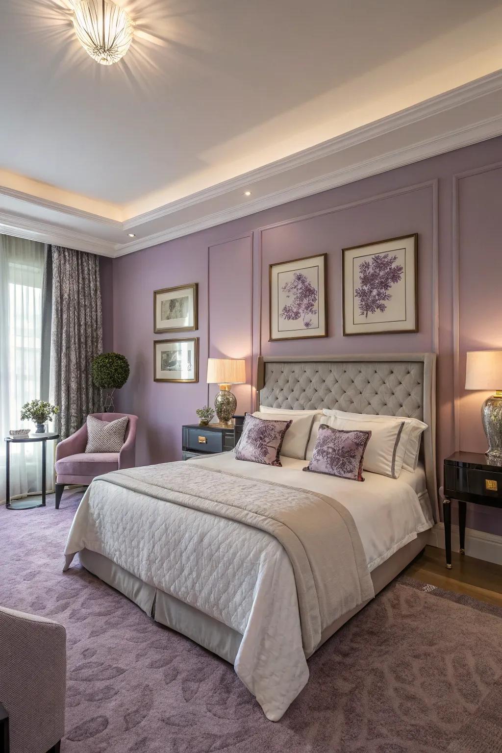 Lilac walls inject subtle elegance and serenity.