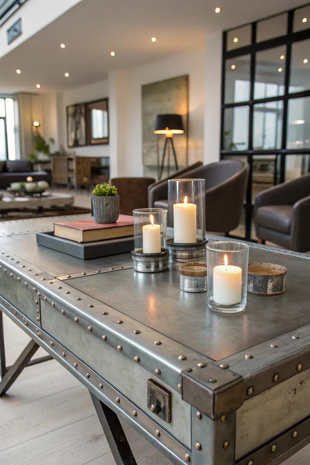Industrial elements give a modern edge to candle centerpieces.