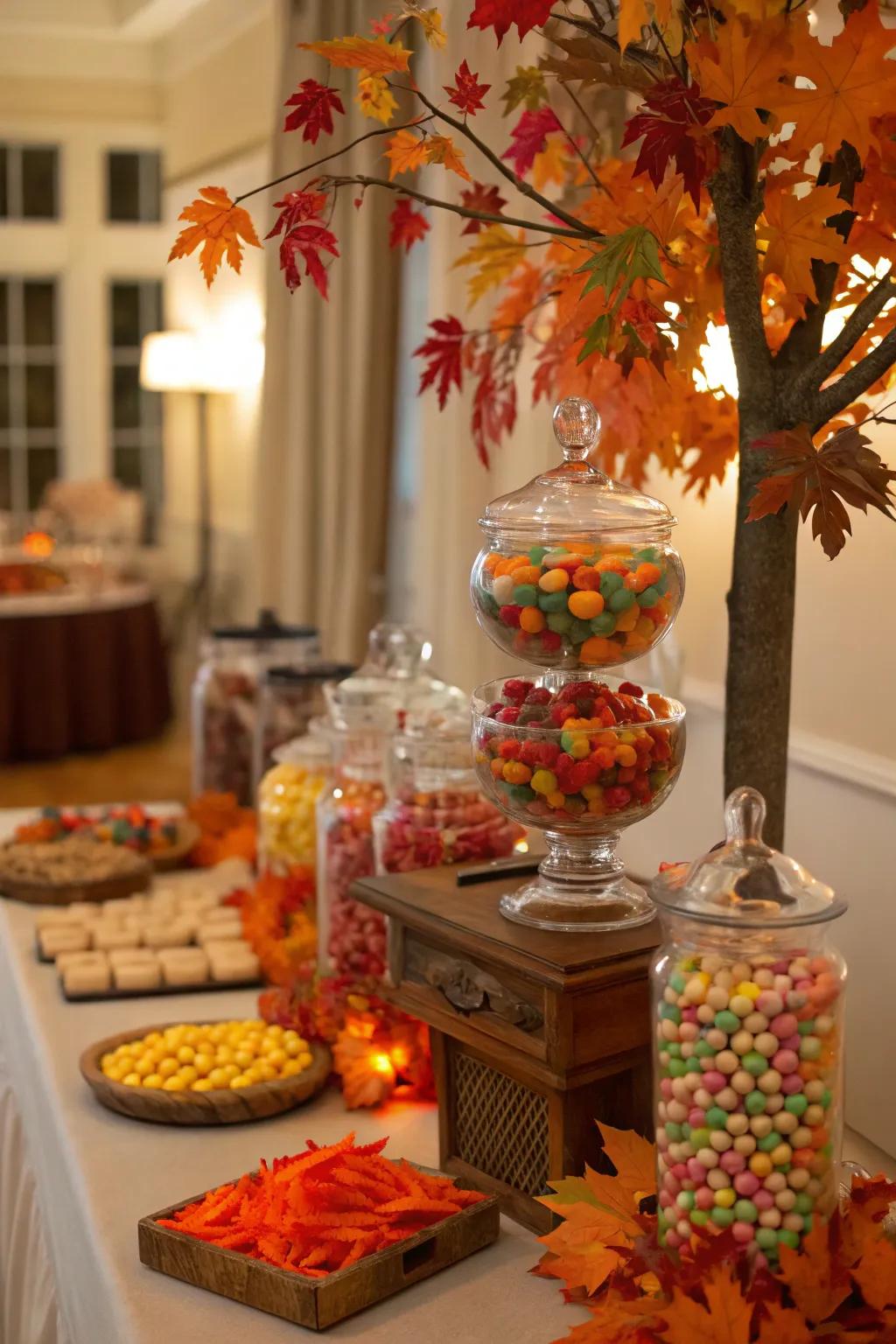 Seasonal decorations bring a contemporary charm to your candy display.