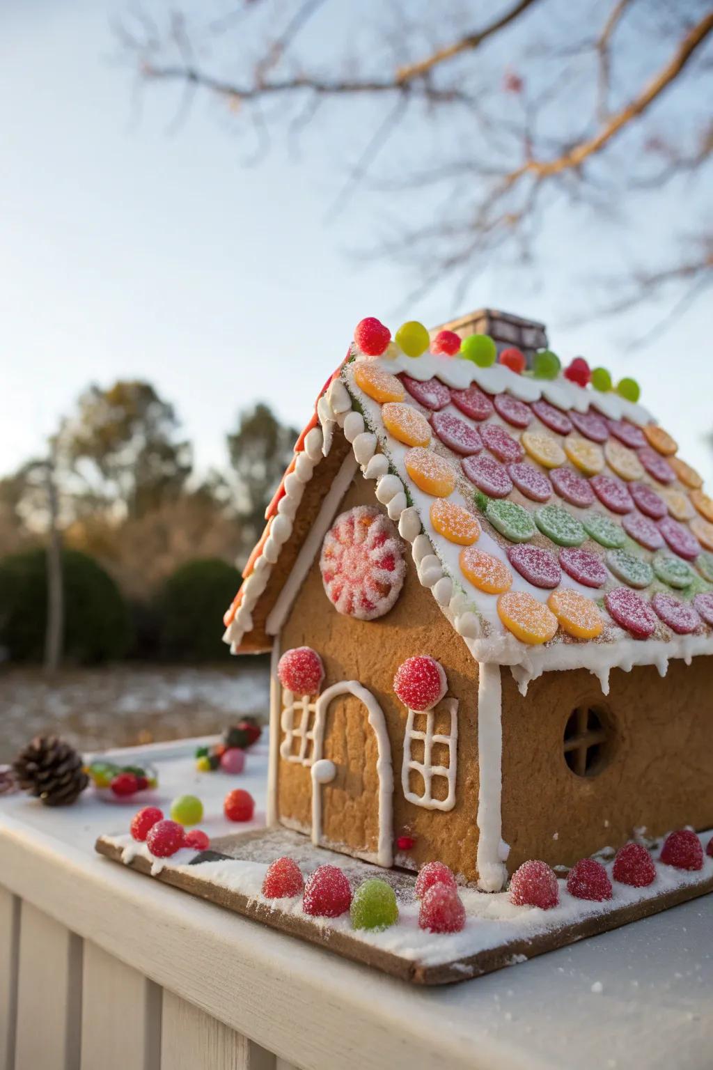 A vibrant roof made from colorful fruit leather strips.