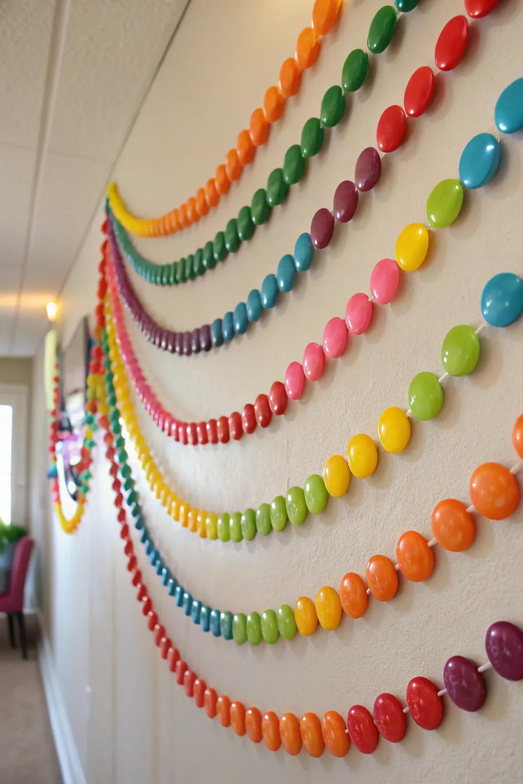 A candy button garland adds playful nostalgia to the decor