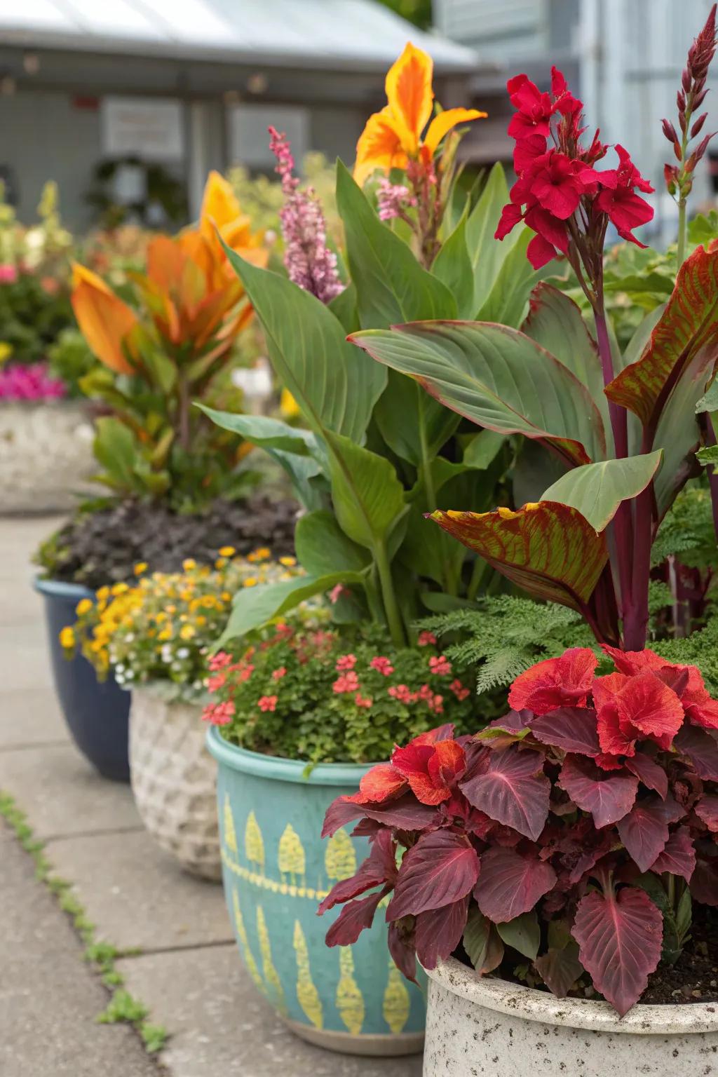 An artistic mix of glory plants, coleus, and begonias.