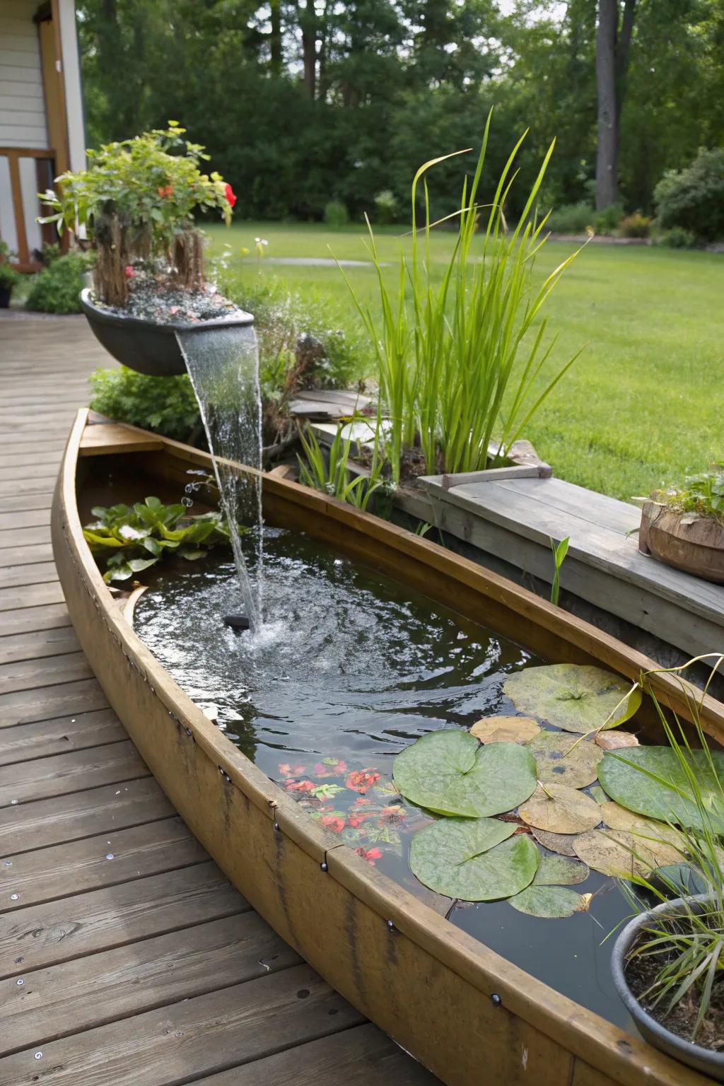 A boat-turned-water feature offers a tranquil garden experience.