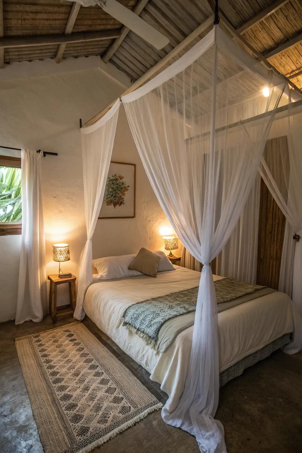 A bed corona adds a regal touch without a full draping structure.