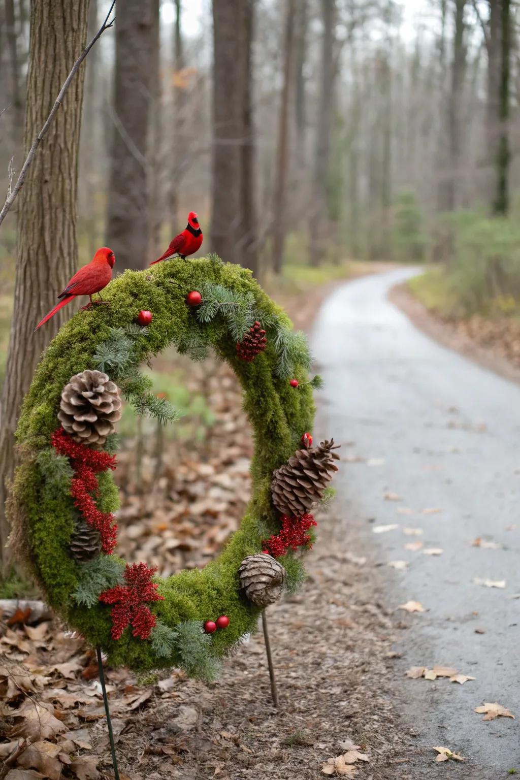 A woodland-inspired wreath featuring cardinals for a natural accent.