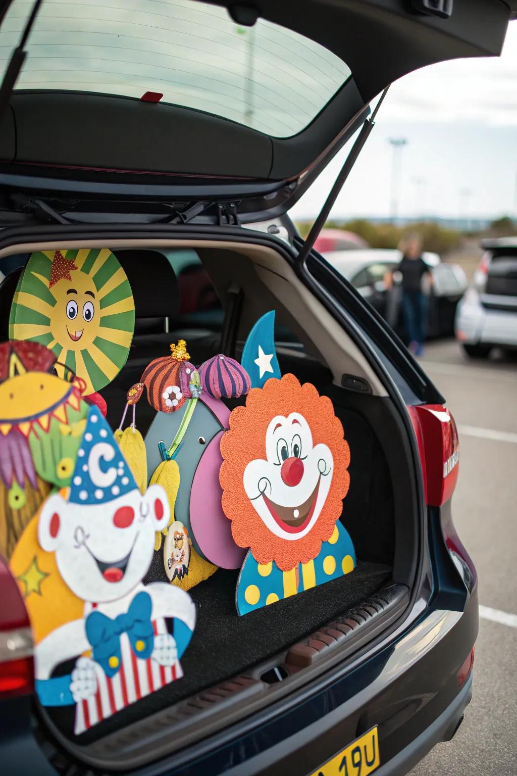 A playful trunk showcasing character cutouts, adding flair to the carnival theme.