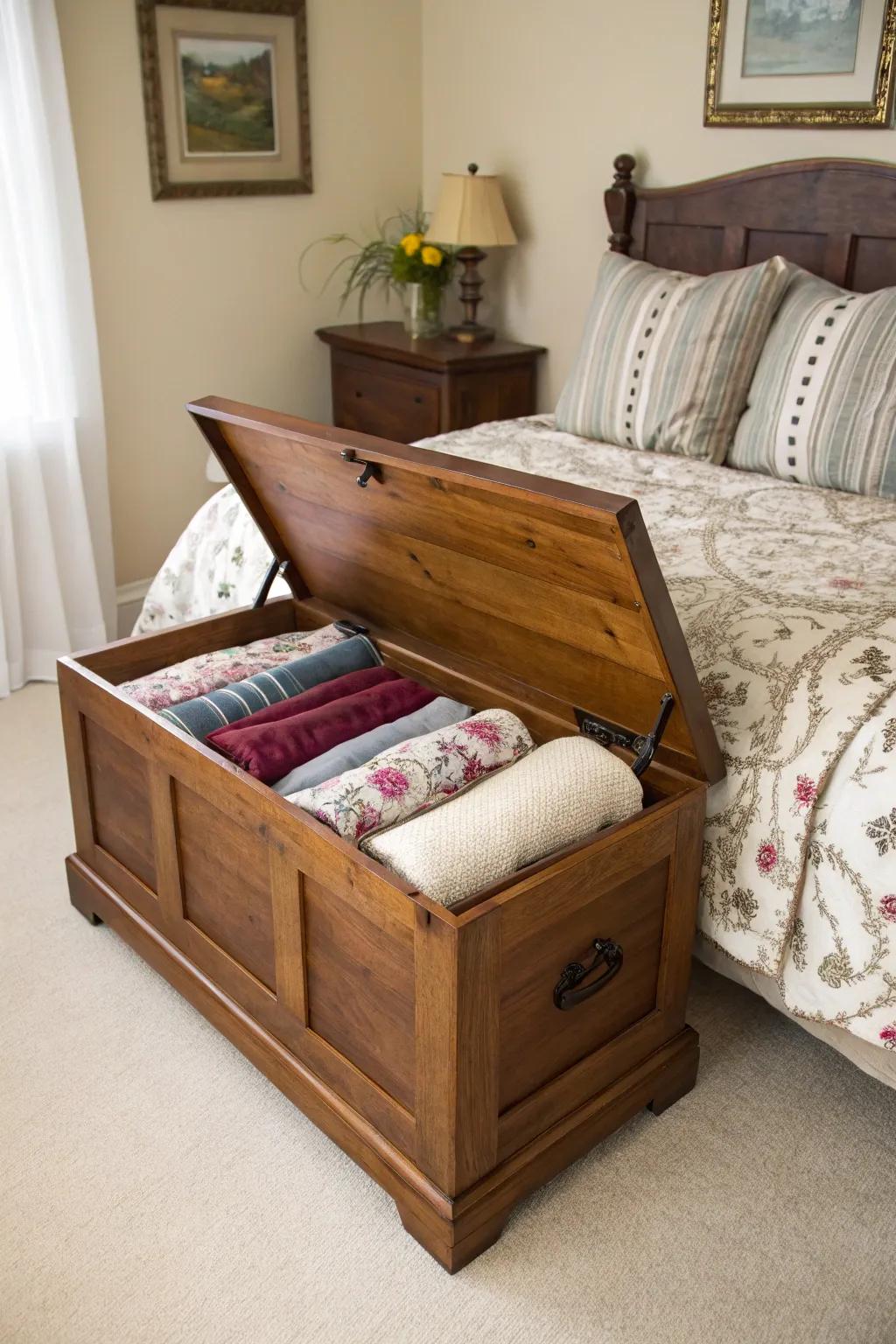 A cedar chest offers fashionable additional seating in any space.